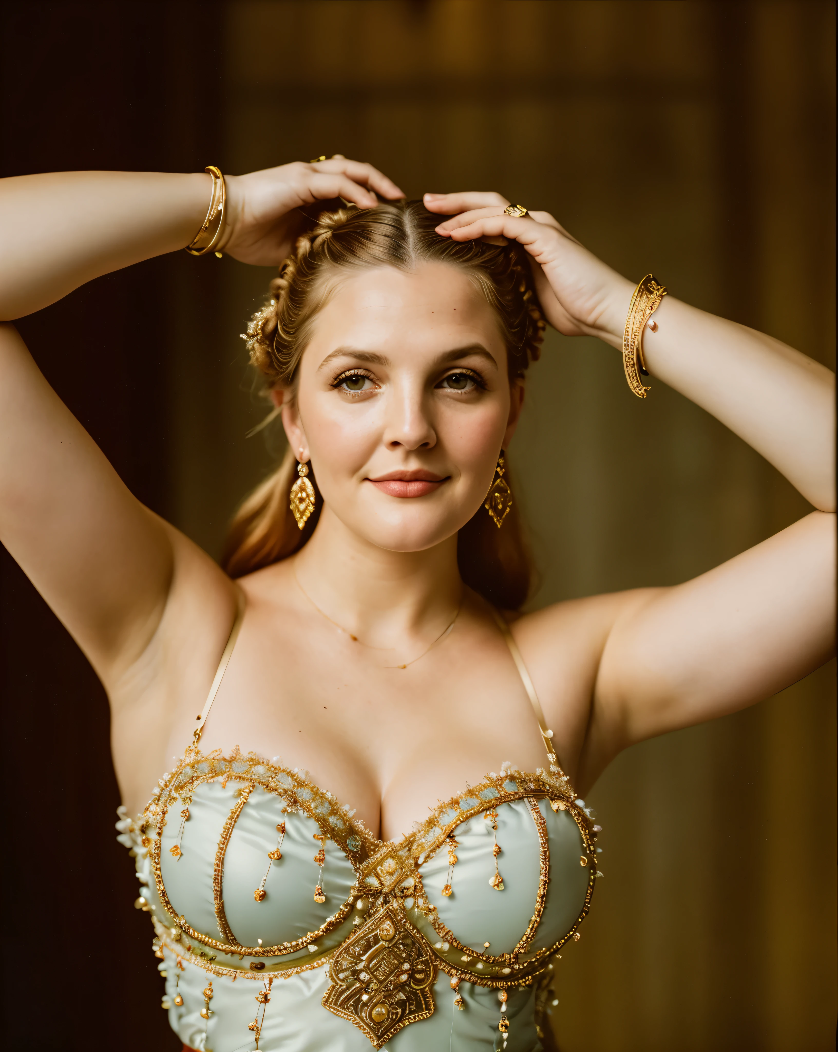 Looks like Drew Barrymore, A stunning intricate full color portrait of (sks woman:1) as (viking warrior), (barbarian), extremely seductive woman, busty outfit, perfect plus size Beauty, Barbarian warrior queen, fluffy streax hair, styled hair, epic character composition, by ilya kuvshinov, alessio albi, nina masic, sharp focus, natural lighting, subsurface scattering, f2, 35mm, film grain,