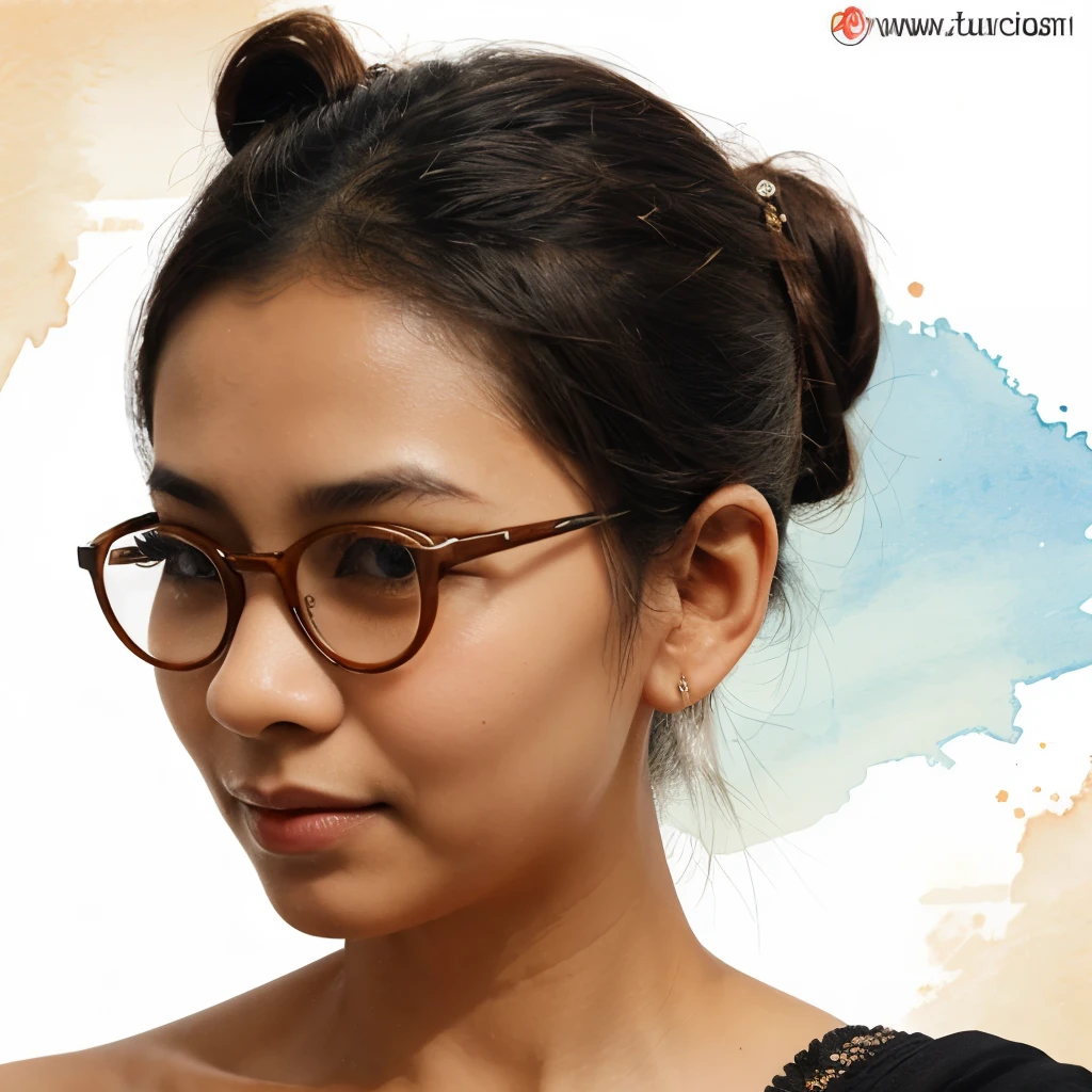 Create an images of water color brush sketch of messy bun wiyh glasses Javanese 40 y.o portraits. Dynamic poses