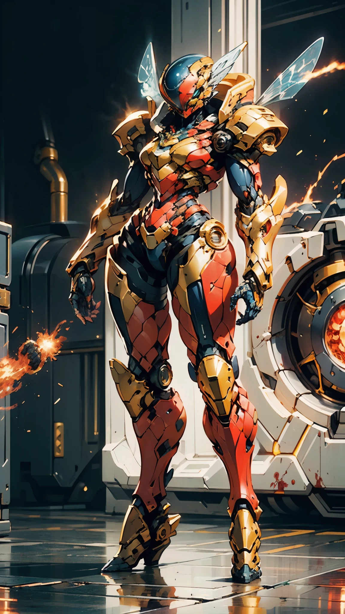 A woman adorned in fantasy-style full-body armor, a crown-concept fully enclosed helmet that unveils only her eyes, a composite layered chest plate, fully encompassing shoulder and hand guards, a lightweight waist armor, form-fitting shin guards, the overall design is heavy-duty yet flexible, ((the armor gleams with a golden glow, complemented by red and blue accents)), exhibiting a noble aura, she floats above a fantasy-surreal high-tech city, this character embodies a finely crafted fantasy-surreal style armored hero in anime style, exquisite and mature manga art style, (Queen bee mixed with Spider concept Armor, plasma, blood), ((Element, energy, elegant, goddess, femminine:1.5)), metallic, high definition, best quality, highres, ultra-detailed, ultra-fine painting, extremely delicate, professional, anatomically correct, symmetrical face, extremely detailed eyes and face, high quality eyes, creativity, RAW photo, UHD, 32k, Natural light, cinematic lighting, masterpiece-anatomy-perfect, masterpiece:1.5