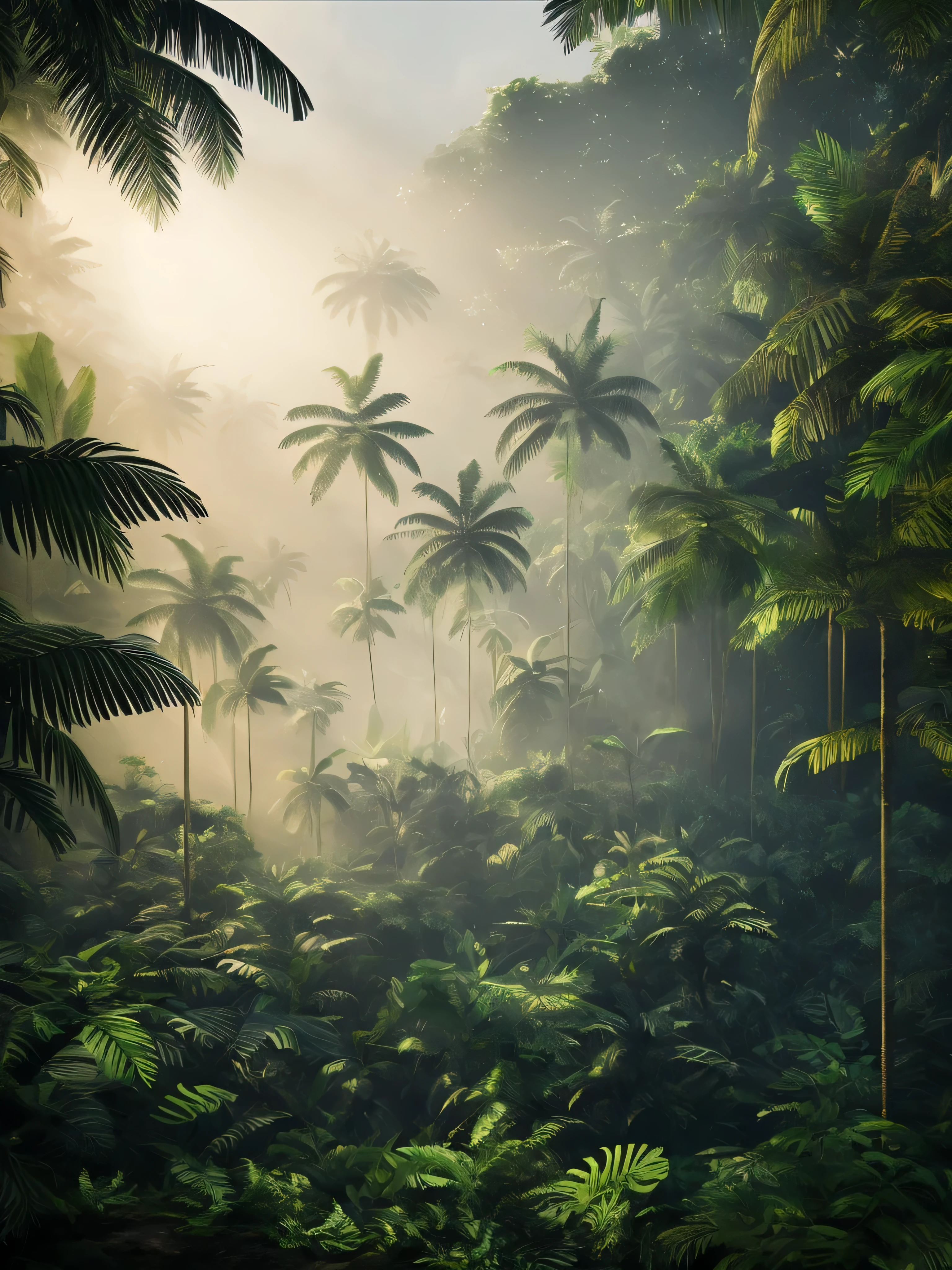 tropical jungle dense vegetation mist fog faint sunlight low light elaborate details photorealistic 4k
