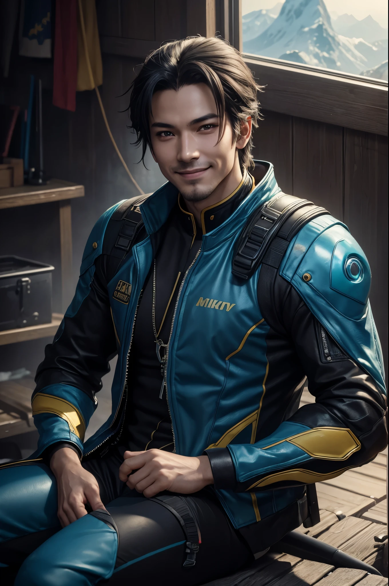 8K,革のジャケットを着たsmileの青年がバイクに座っている, sitting on a cyberpunk bike(Precise bike details), cyberpunk hero, cgsociety と fenghua zhong, game CG, fan art,masterpiece,Photorealistic RAW photos of the highest quality。bright colors,rich colors, Backlight, cinematic lighting, film grain, to be born, 50mm lens, Nikon D850,realistic skin,detailed character art,fantasy art,ultra high resolution,realistic skin,mountain path,comical pose,Sad prince,cheerful man,smile,