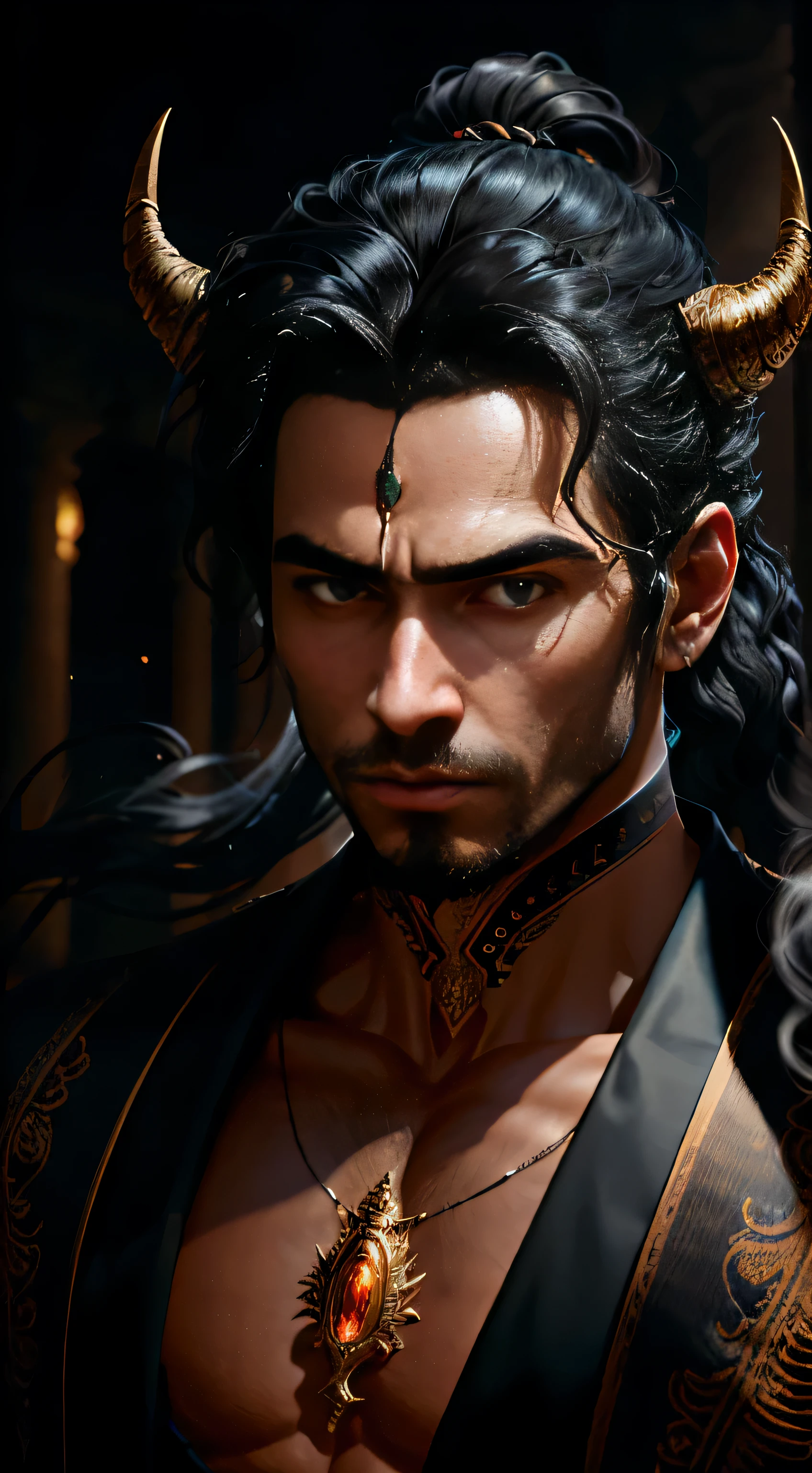 (masterpiece), ((best quality)), 8k, high detailed, ultra-detailed, A captivating conceptual art piece of a young man with black hair styled in a short ponytail. The intricate details reveal the contours of his widow's peak, highlighting the contrast between the smooth skin on his forehead and the texture of his hair. Above his head, an ethereal Angel Halo radiates a soft, heavenly glow. The image displays anatomical accuracy in his features, adding depth and realism to the portrayal. Demon horns, tapering from a point and adorned with intricate patterns, emerge from his temples, indicative of his complex nature
