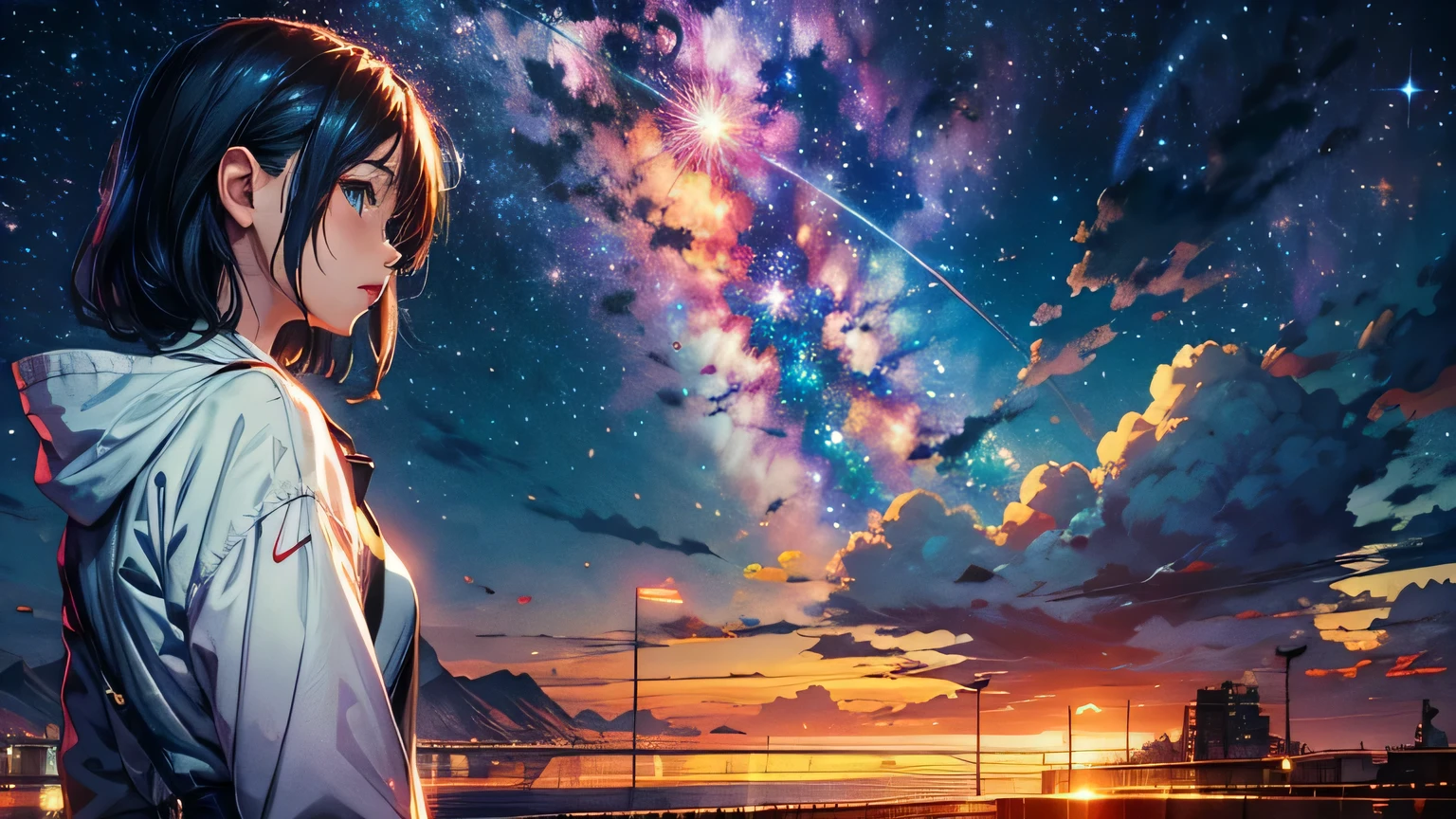 anime wallpapers of a girl looking at a view of the sky and stars, cosmic skies. by makoto shinkai, anime art wallpaper 4 k, anime art wallpaper 4k, anime art wallpaper 8 k, anime sky, amazing wallpaper, anime wallpaper 4 k, anime wallpaper 4k, 4k anime wallpaper, makoto shinkai cyril rolando, anime background art