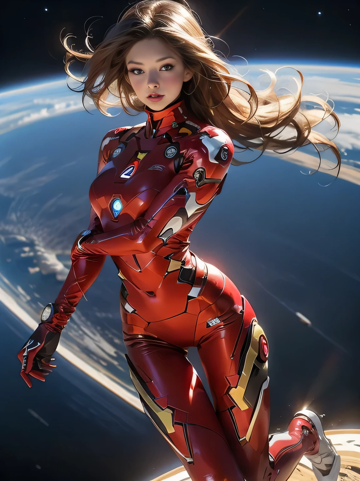 sandy hair muscular large breasts slender thighs slender waist [[Yellow]] Ironman suit solo looking at viewer in space long hair blushing determination, Perfect Eyes, Full body Shot
