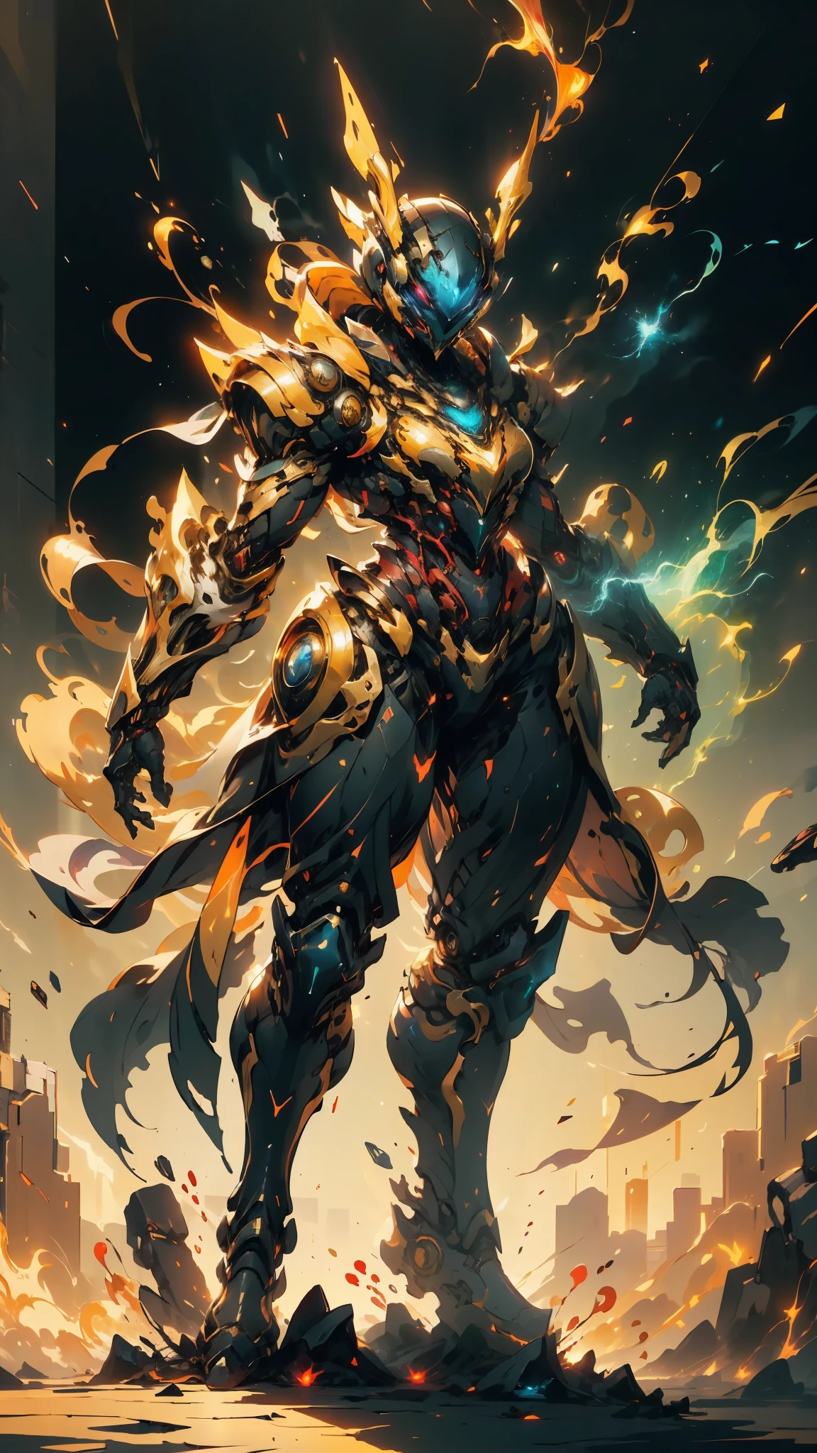 A woman adorned in fantasy-style full-body armor, a crown-concept fully enclosed helmet that unveils only her eyes, a composite layered chest plate, fully encompassing shoulder and hand guards, a lightweight waist armor, form-fitting shin guards, the overall design is heavy-duty yet flexible, ((the armor gleams with a golden glow, complemented by red and blue accents)), exhibiting a noble aura, she floats above a fantasy-surreal high-tech city, this character embodies a finely crafted fantasy-surreal style armored hero in anime style, exquisite and mature manga art style, (Queen bee mixed with Spider concept Armor, plasma, blood), ((Element, energy, elegant, goddess, femminine:1.5)), metallic, high definition, best quality, highres, ultra-detailed, ultra-fine painting, extremely delicate, professional, anatomically correct, symmetrical face, extremely detailed eyes and face, high quality eyes, creativity, RAW photo, UHD, 32k, Natural light, cinematic lighting, masterpiece-anatomy-perfect, masterpiece:1.5