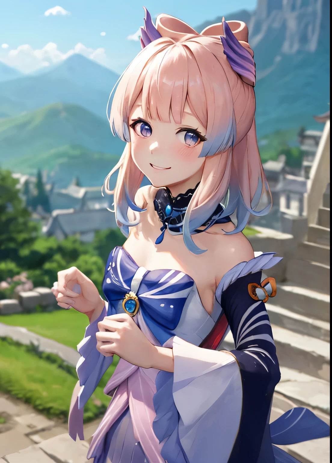 kokomidef, upper body, smile, blush, outdoors, day, simple background, blue sky, short hair, sky, temple, looking at viewer, stairs, mountain, moody lighting, facing viewer,