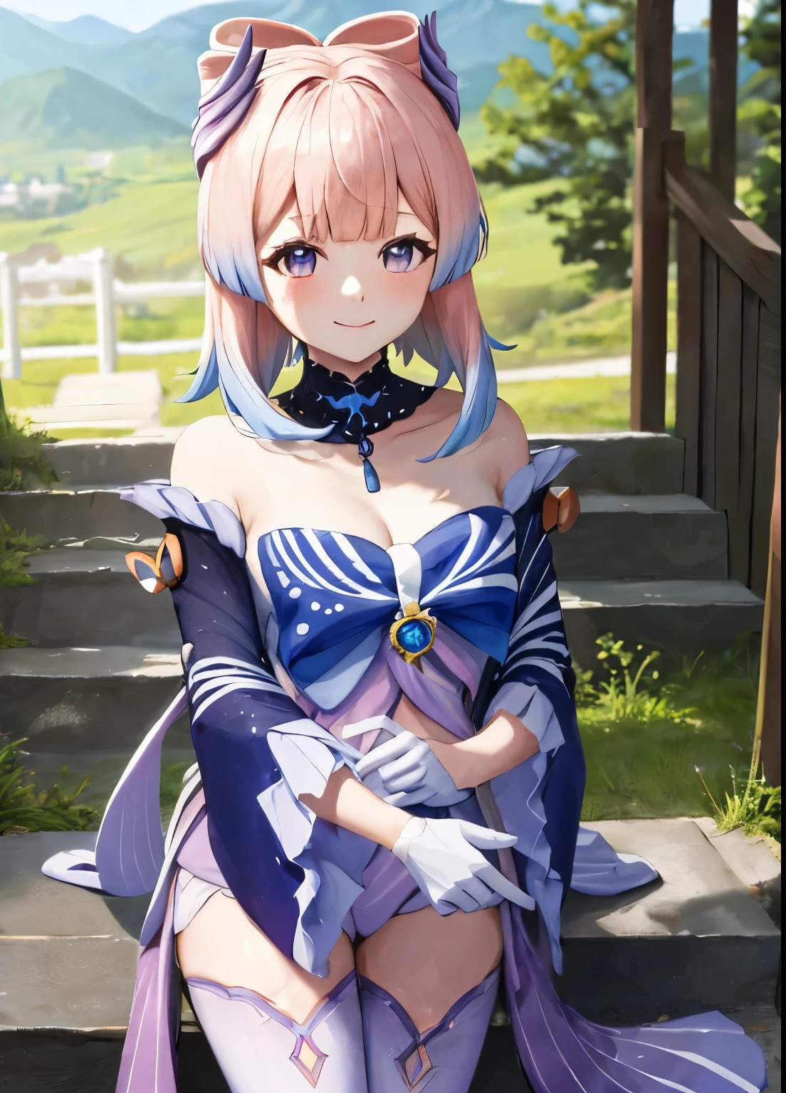 kokomidef, upper body, smile, blush, outdoors, day, simple background, blue sky, short hair, sky, temple, looking at viewer, stairs, mountain, moody lighting, facing viewer,