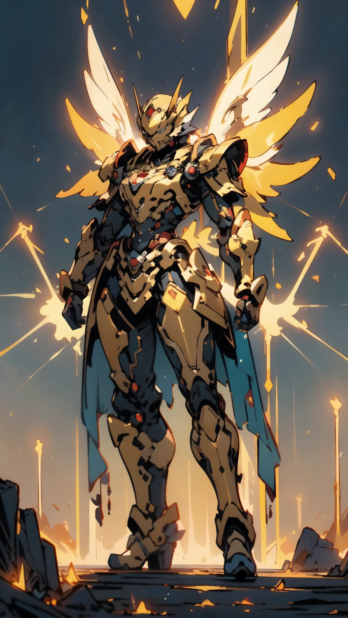 A woman adorned in fantasy-style full-body armor, a crown-concept fully enclosed helmet that unveils only her eyes, a composite layered chest plate, fully encompassing shoulder and hand guards, a lightweight waist armor, form-fitting shin guards, the overall design is heavy-duty yet flexible, ((the armor gleams with a golden glow, complemented by red and blue accents)), exhibiting a noble aura, she floats above a fantasy-surreal high-tech city, this character embodies a finely crafted fantasy-surreal style armored hero in anime style, exquisite and mature manga art style, (Queen bee mixed with Spider concept Armor, plasma, blood), ((Element, energy, elegant, goddess, femminine:1.5)), metallic, high definition, best quality, highres, ultra-detailed, ultra-fine painting, extremely delicate, professional, anatomically correct, symmetrical face, extremely detailed eyes and face, high quality eyes, creativity, RAW photo, UHD, 32k, Natural light, cinematic lighting, masterpiece-anatomy-perfect, masterpiece:1.5