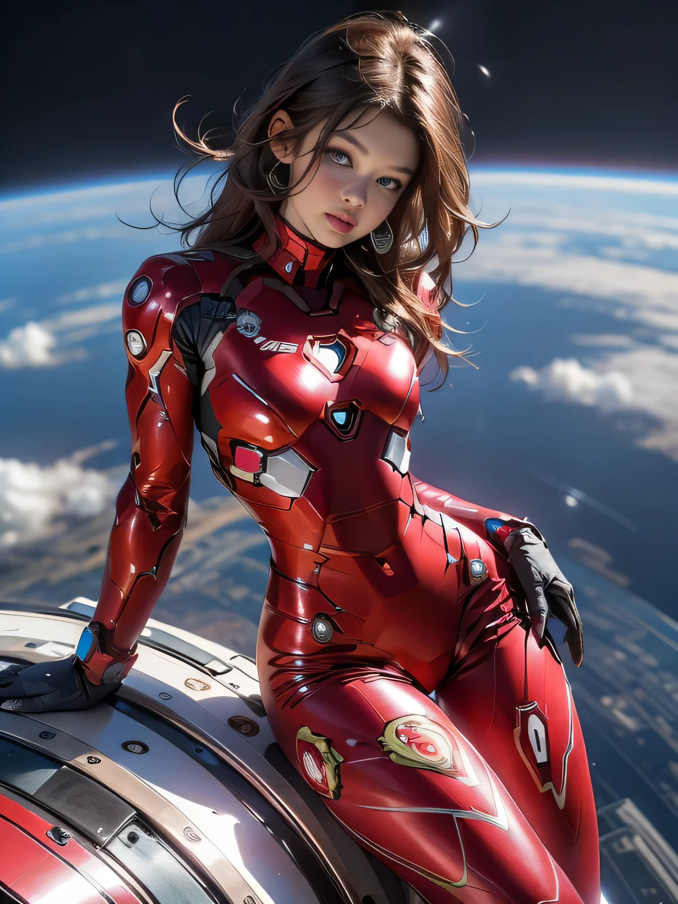 sandy hair muscular large breasts slender thighs slender waist Pink Ironman suit solo looking at viewer in space long hair blushing determination, Perfect Eyes, Full body Shot
