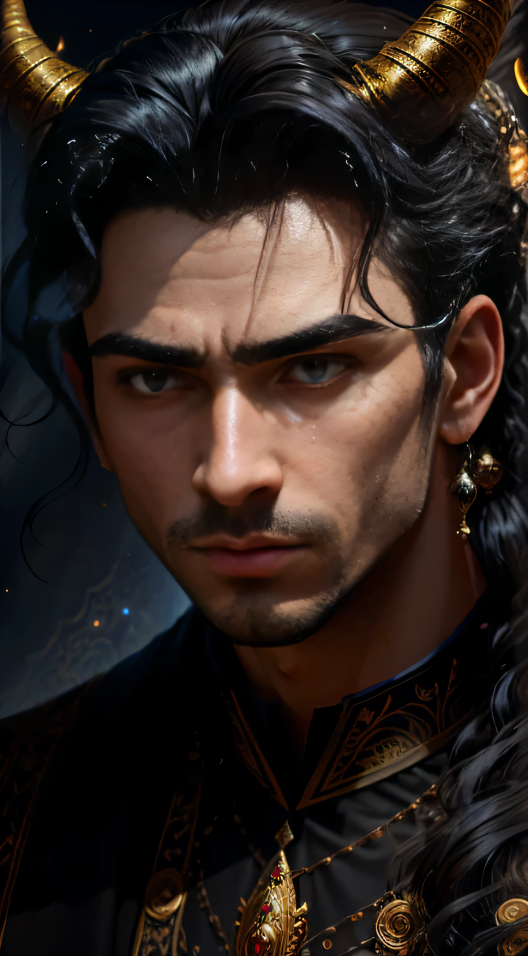 (masterpiece), ((best quality)), 8k, high detailed, ultra-detailed, A captivating conceptual art piece of a young man with black hair styled in a short ponytail. The intricate details reveal the contours of his widow's peak, highlighting the contrast between the smooth skin on his forehead and the texture of his hair. Above his head, an ethereal Angel Halo radiates a soft, heavenly glow. The image displays anatomical accuracy in his features, adding depth and realism to the portrayal. Demon horns, tapering from a point and adorned with intricate patterns, emerge from his temples, indicative of his complex nature