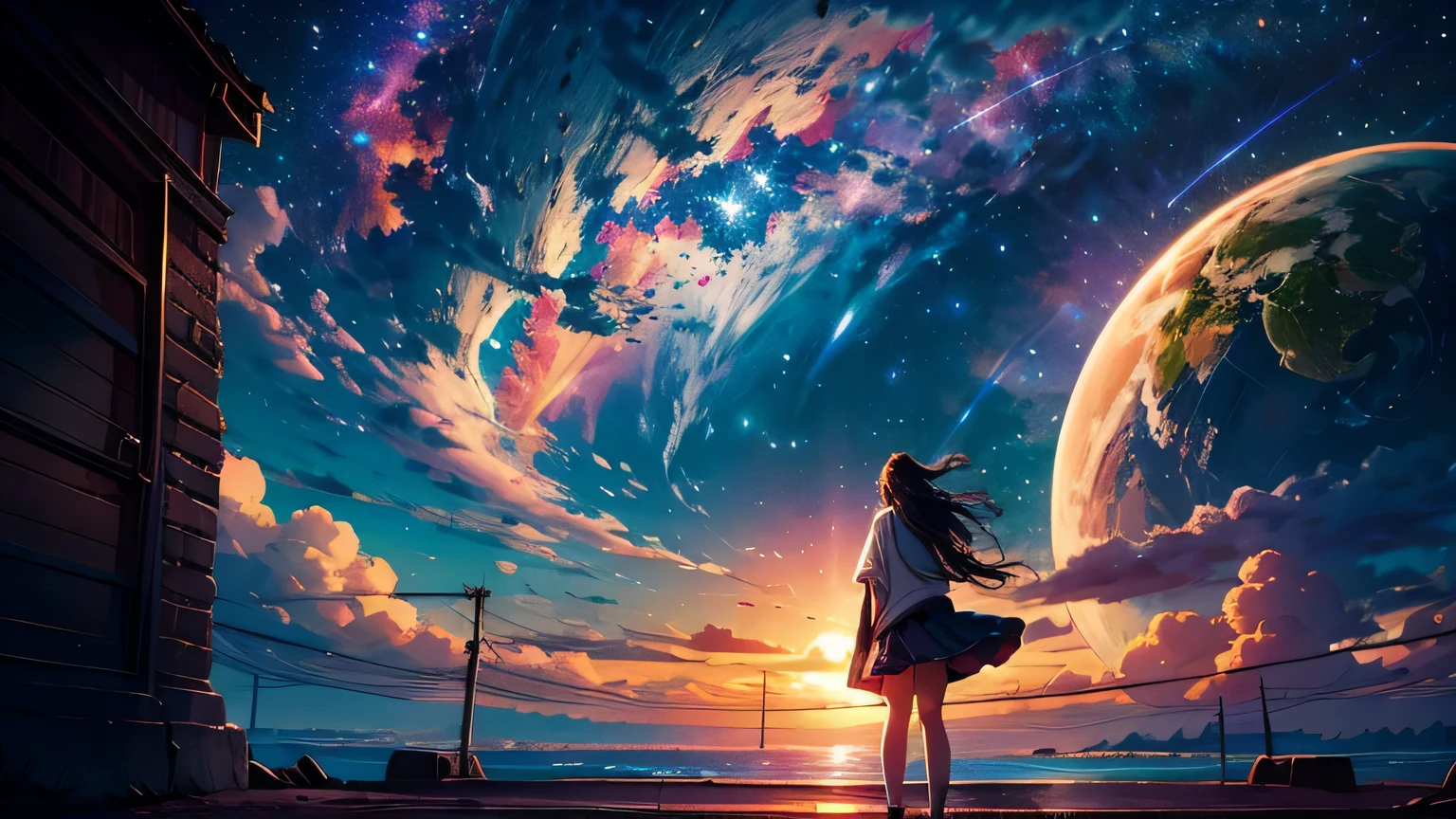 anime wallpapers of a girl looking at a view of the sky and stars, cosmic skies. by makoto shinkai, anime art wallpaper 4 k, anime art wallpaper 4k, anime art wallpaper 8 k, anime sky, amazing wallpaper, anime wallpaper 4 k, anime wallpaper 4k, 4k anime wallpaper, makoto shinkai cyril rolando, anime background art