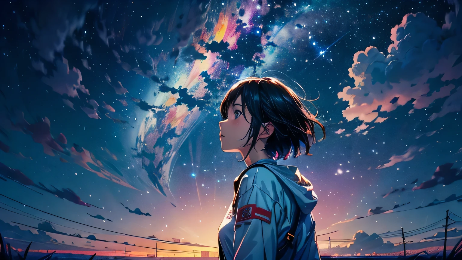 anime wallpapers of a girl looking at a view of the sky and stars, cosmic skies. by makoto shinkai, anime art wallpaper 4 k, anime art wallpaper 4k, anime art wallpaper 8 k, anime sky, amazing wallpaper, anime wallpaper 4 k, anime wallpaper 4k, 4k anime wallpaper, makoto shinkai cyril rolando, anime background art