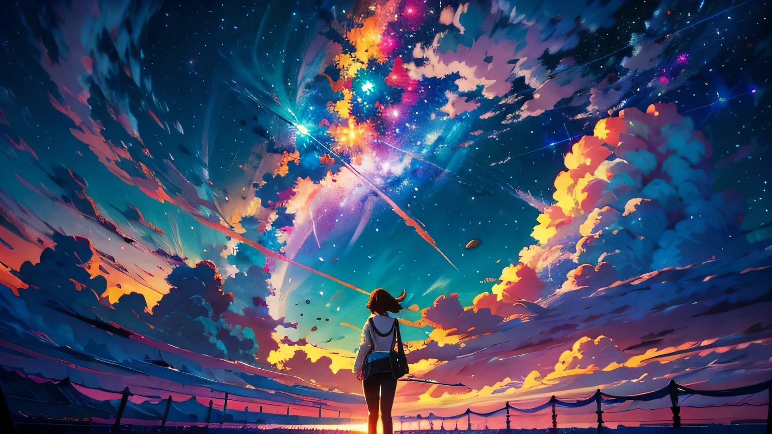 anime wallpapers of a girl looking at a view of the sky and stars, cosmic skies. by makoto shinkai, anime art wallpaper 4 k, anime art wallpaper 4k, anime art wallpaper 8 k, anime sky, amazing wallpaper, anime wallpaper 4 k, anime wallpaper 4k, 4k anime wallpaper, makoto shinkai cyril rolando, anime background art