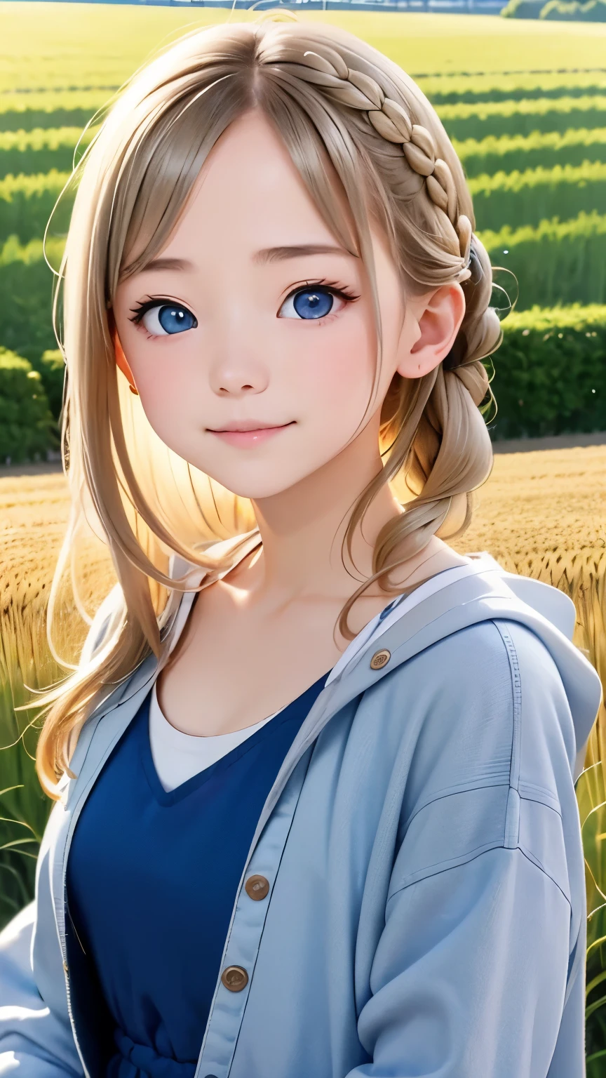 one woman、cute face、Also々new expression、Japanese、charming eyes、cream hair、french braid、18-year-old、gray eyes、camisole dress、blue jacket、outdoors、Alsoとした佇まい、wheat field