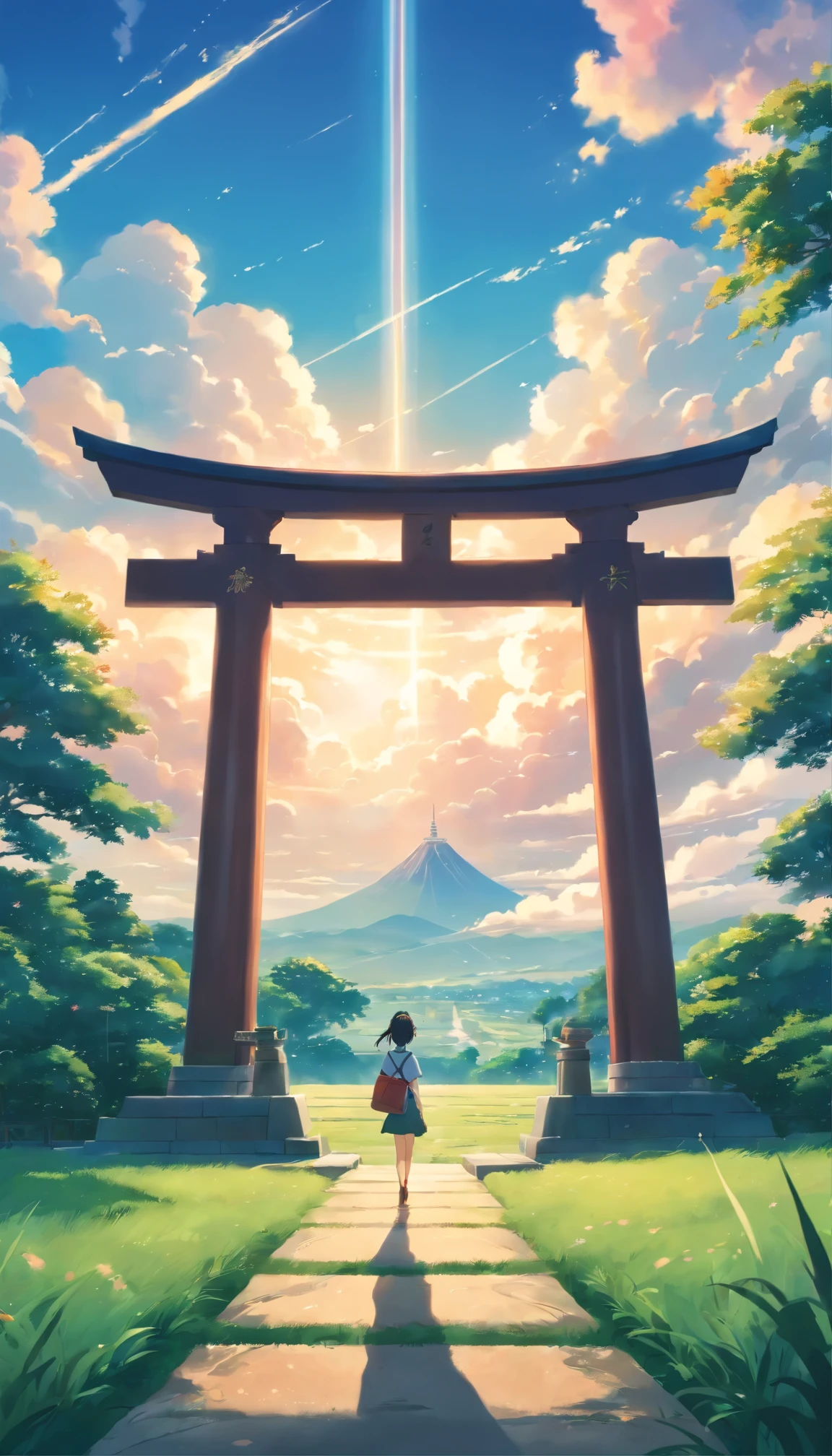 Beautiful scenery, grass field, Shrine from a distance, beautiful cloudy sky