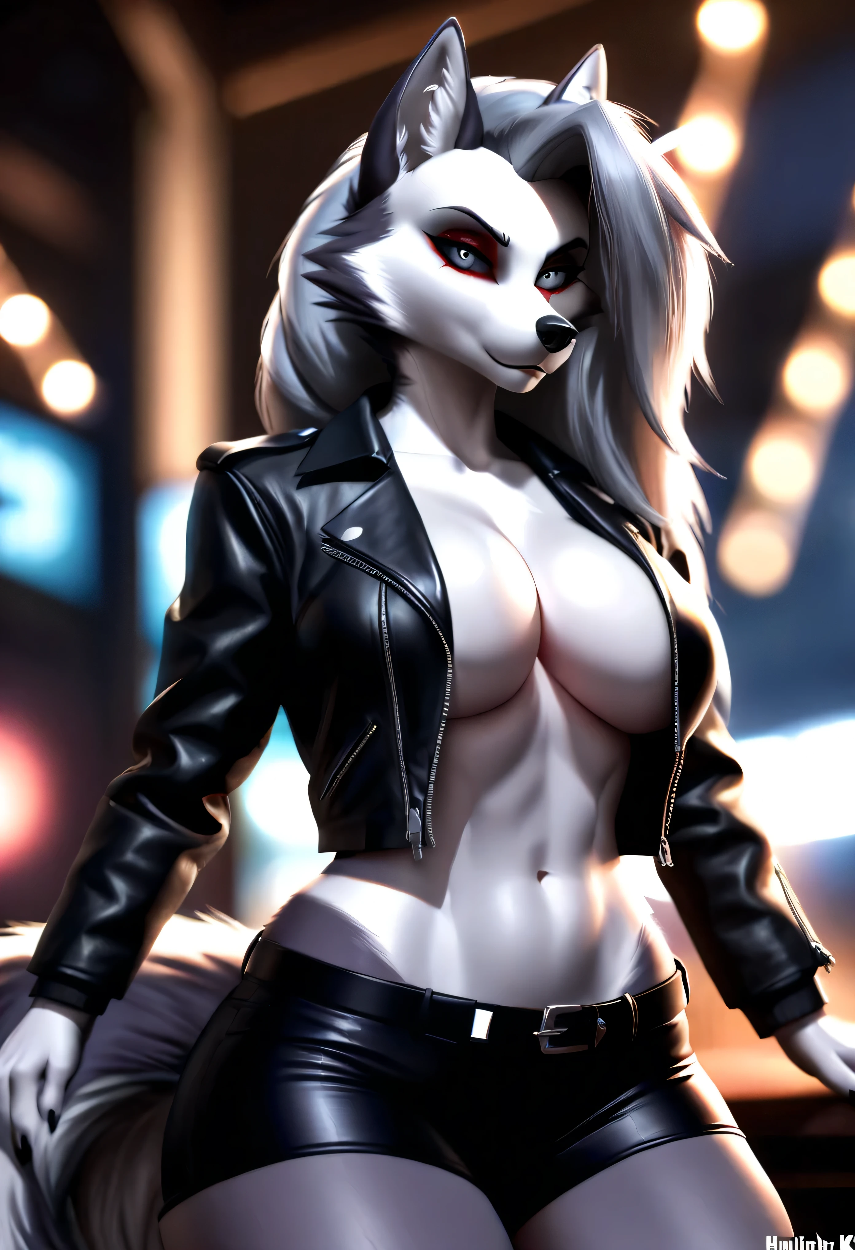 4k highly detailed realistic digital extremely high quality drawing, masterpiece, (uploaded on e621), (a three-quarters portrait of Loona from Helluva Boss), (wearing a leather jacket), (beautiful and detailed eyes: 1.1), anthro wolf, fur, seductive, sexy, voluptuous, curvy body, cinematic lighting, (f1.8 short focus bokeh)