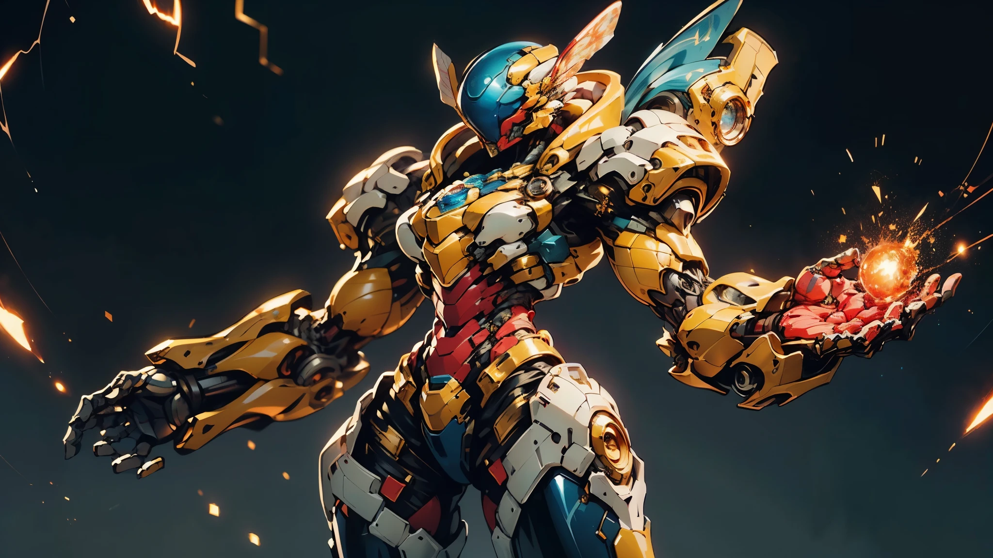 A woman adorned in fantasy-style full-body armor, a crown-concept fully enclosed helmet that unveils only her eyes, a composite layered chest plate, fully encompassing shoulder and hand guards, a lightweight waist armor, form-fitting shin guards, the overall design is heavy-duty yet flexible, ((the armor gleams with a golden glow, complemented by red and blue accents)), exhibiting a noble aura, she floats above a fantasy-surreal high-tech city, this character embodies a finely crafted fantasy-surreal style armored hero in anime style, exquisite and mature manga art style, (Queen bee mixed with Spider concept Armor, plasma, blood), ((Element, energy, elegant, goddess, femminine:1.5)), metallic, high definition, best quality, highres, ultra-detailed, ultra-fine painting, extremely delicate, professional, anatomically correct, symmetrical face, extremely detailed eyes and face, high quality eyes, creativity, RAW photo, UHD, 32k, Natural light, cinematic lighting, masterpiece-anatomy-perfect, masterpiece:1.5