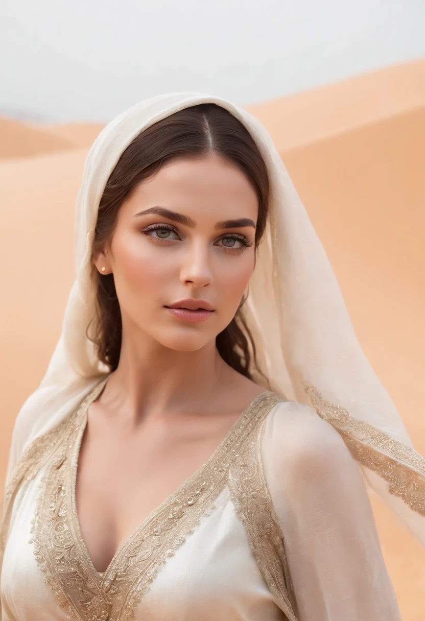 glowing white skin, beautiful face, veiled, Moroccan tribal theme, silver jewelry, ((crystal clear bright hazel eyes:1.2)), detailed eyes, beautiful masterpiece, UHD, 8K)), Depth of field, sand dunes, cleavage, large breasts, focus on eyes, breasts popping out, detailed skin, texture skin, sexy shoulders, golden hour, highly detailed skin, long eyelashes, black mascara, perfect face, sheer djellaba, long abaya, flowing, blowing, shimmering, bbw, curvy, iridescent
