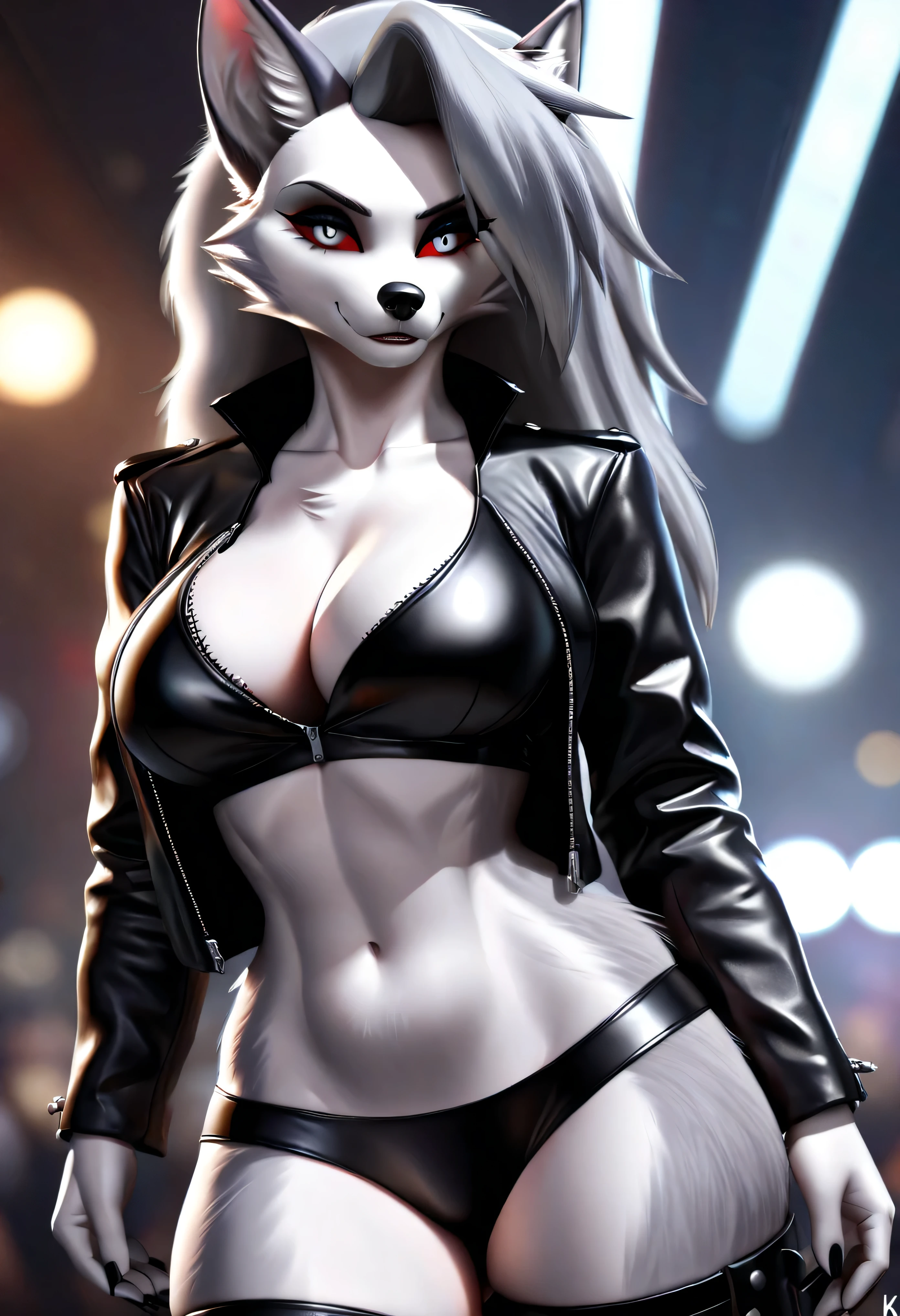 4k highly detailed realistic digital extremely high quality drawing, masterpiece, (uploaded on e621), (a three-quarters portrait of Loona from Helluva Boss), (wearing a leather jacket), (beautiful and detailed eyes: 1.1), anthro wolf, fur, seductive, sexy, voluptuous, curvy body, cinematic lighting, (f1.8 short focus bokeh)