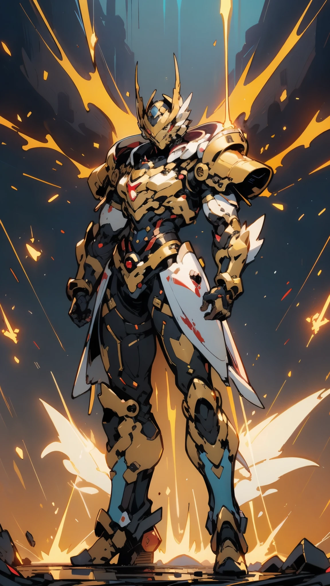 A woman adorned in fantasy-style full-body armor, a crown-concept fully enclosed helmet that unveils only her eyes, a composite layered chest plate, fully encompassing shoulder and hand guards, a lightweight waist armor, form-fitting shin guards, the overall design is heavy-duty yet flexible, ((the armor gleams with a golden glow, complemented by red and blue accents)), exhibiting a noble aura, she floats above a fantasy-surreal high-tech city, this character embodies a finely crafted fantasy-surreal style armored hero in anime style, exquisite and mature manga art style, (Queen bee mixed with Spider concept Armor, plasma, blood), ((Element, energy, elegant, goddess, femminine:1.5)), metallic, high definition, best quality, highres, ultra-detailed, ultra-fine painting, extremely delicate, professional, anatomically correct, symmetrical face, extremely detailed eyes and face, high quality eyes, creativity, RAW photo, UHD, 32k, Natural light, cinematic lighting, masterpiece-anatomy-perfect, masterpiece:1.5