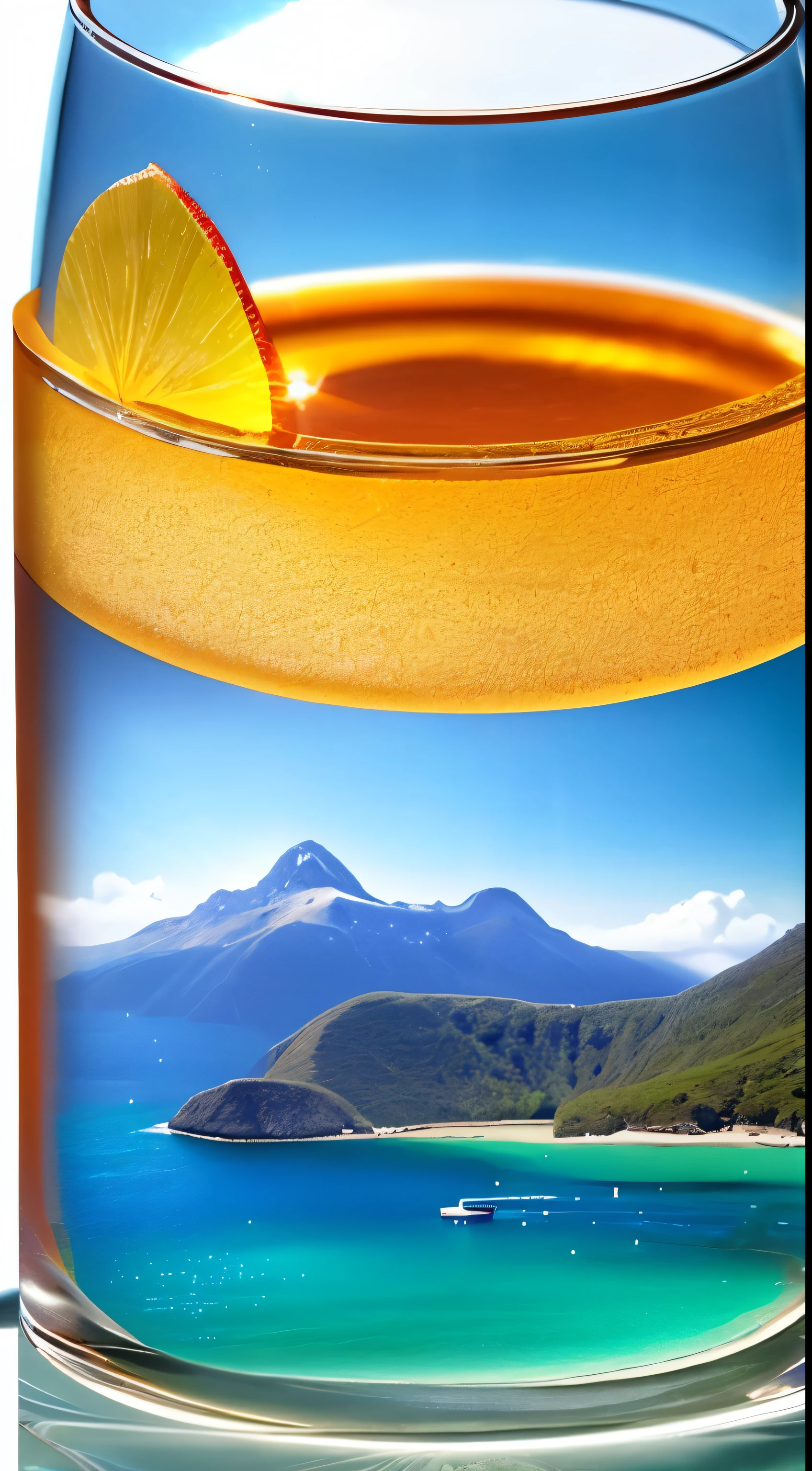 In this high-quality, realistic photograph, the sun casts a golden glow through a crystal glass by the serene sea. The glass, of regular classical shape, is opened from both above and below, revealing the warm, amber liquid within. Nearby, a vibrant red rose rests on the sandy shore, its petals unfurling against the backdrop of majestic mountains. The crystal glass, with its intricately etched edges, catches the sunlight and refracts it in a dazzling display of colors. The mountains in the distance are depicted with tremendous detail and depth, their peaks touching the clear blue sky. The sea shimmers under the sun's rays, the water'
