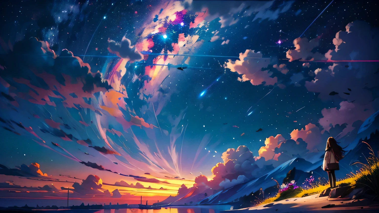 anime wallpapers of a girl looking at a view of the sky and stars, cosmic skies. by makoto shinkai, anime art wallpaper 4 k, anime art wallpaper 4k, anime art wallpaper 8 k, anime sky, amazing wallpaper, anime wallpaper 4 k, anime wallpaper 4k, 4k anime wallpaper, makoto shinkai cyril rolando, anime background art