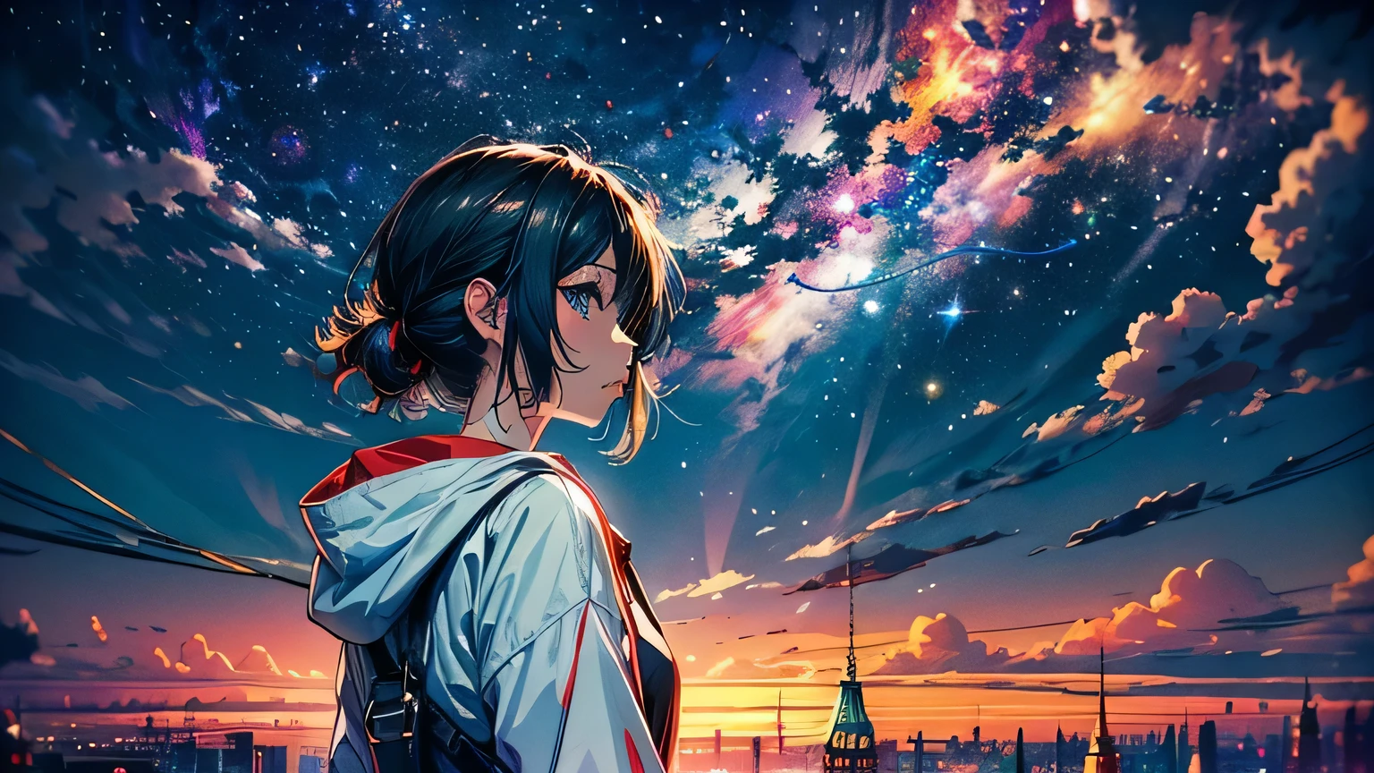 anime wallpapers of a girl looking at a view of the sky and stars, cosmic skies. by makoto shinkai, anime art wallpaper 4 k, anime art wallpaper 4k, anime art wallpaper 8 k, anime sky, amazing wallpaper, anime wallpaper 4 k, anime wallpaper 4k, 4k anime wallpaper, makoto shinkai cyril rolando, anime background art