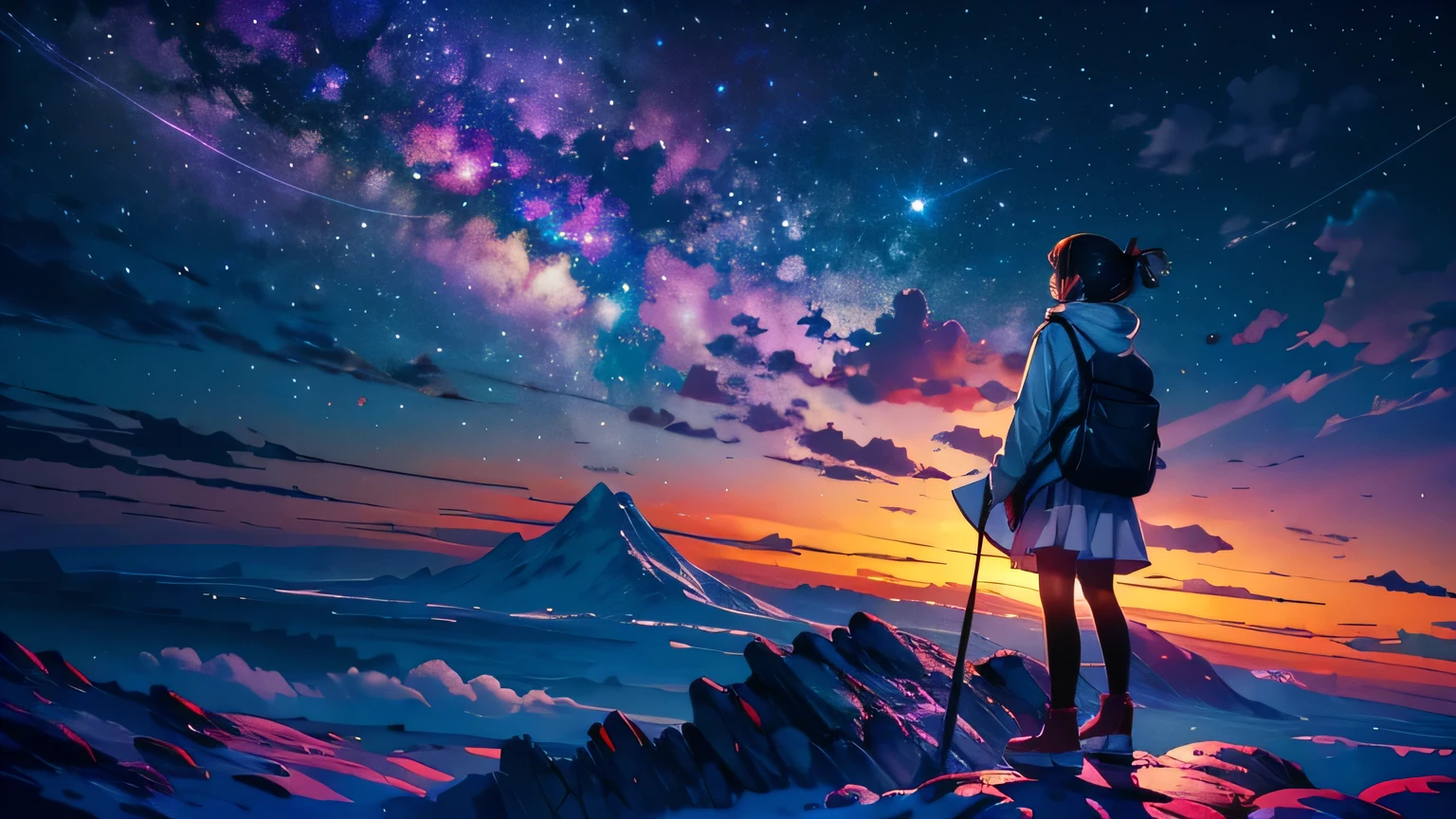 anime wallpapers of a girl looking at a view of the sky and stars, cosmic skies. by makoto shinkai, anime art wallpaper 4 k, anime art wallpaper 4k, anime art wallpaper 8 k, anime sky, amazing wallpaper, anime wallpaper 4 k, anime wallpaper 4k, 4k anime wallpaper, makoto shinkai cyril rolando, anime background art