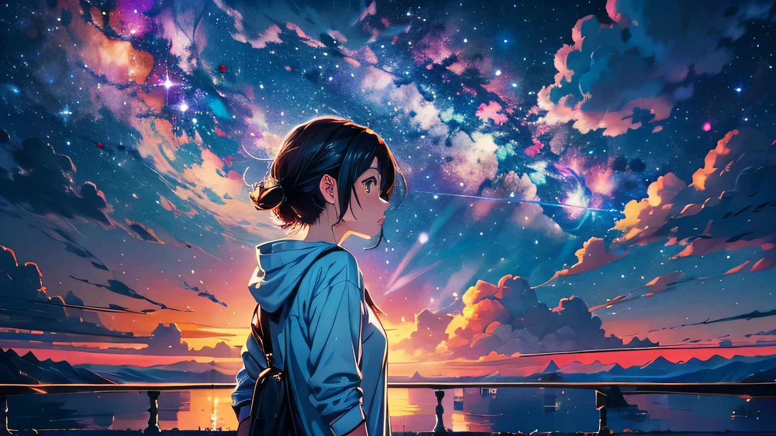 anime wallpapers of a girl looking at a view of the sky and stars, cosmic skies. by makoto shinkai, anime art wallpaper 4 k, anime art wallpaper 4k, anime art wallpaper 8 k, anime sky, amazing wallpaper, anime wallpaper 4 k, anime wallpaper 4k, 4k anime wallpaper, makoto shinkai cyril rolando, anime background art