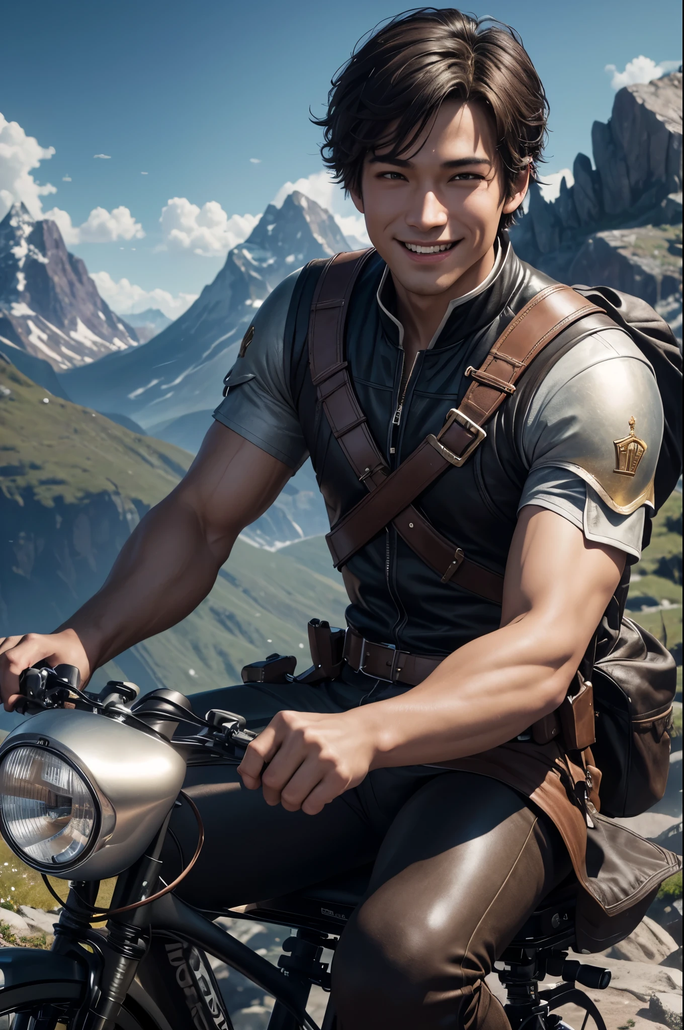8K,黒い革のジャケットを着たsmileの若い青年がsitting on a bike, sitting on a bike(Precise bike details), game CG, fan art,masterpiece,Photorealistic RAW photos of the highest quality。bright colors,rich colors, Backlight, cinematic lighting, film grain, to be born, 50mm lens, Nikon D850,realistic skin,detailed character art,fantasy art,ultra high resolution,realistic skin,mountain path,comical pose,Sad prince,cheerful young man,smile,brown short cut hair,