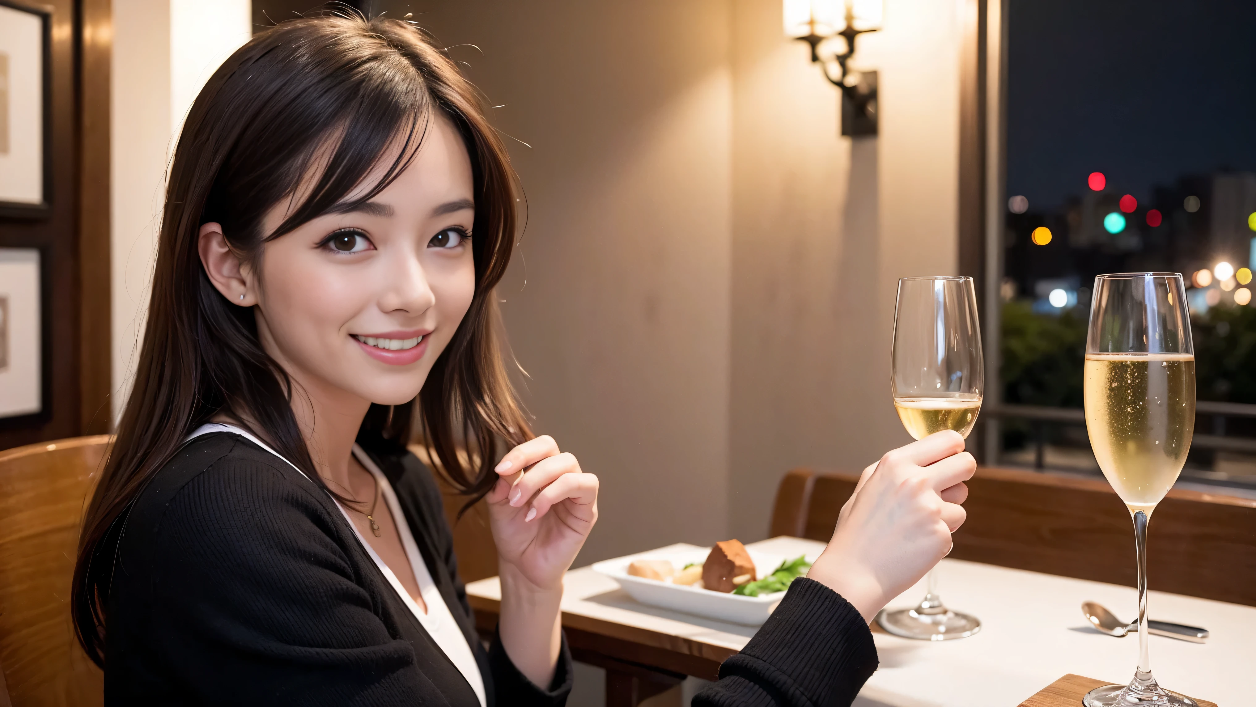 64k, Hmm, highest quality, masterpiece: 1.2), (realistic, photorealistic: 1.37), Super detailed, slimな美女3名, (slimフェイス),Happy、 最高なsmile、Fox face、Berry Short、(because I'thin), (brown hair), (shortcut), long sleeve shirt、winter fashion、Colombian、Brazilian、Japanese、Dutch、German、Portuguese、Belgian、Italian、French,Champagne、sparkling wine、 (gush out), (slimボティ), (brown hair), (shortcut), neat beauty、cheeks turn a little red, (35 years old), 38 years old, alone, A beautiful and detailed night view spreads out outside the window...., restaurant, wine glassが座っている, At night, in a prominent place (from the Upper body) nova frog style, actress, model, Upper body, White wine, slim, wine glass, Very beautiful night view, wine glass Put in the Middle, Happy smile, (smile: 1.15),