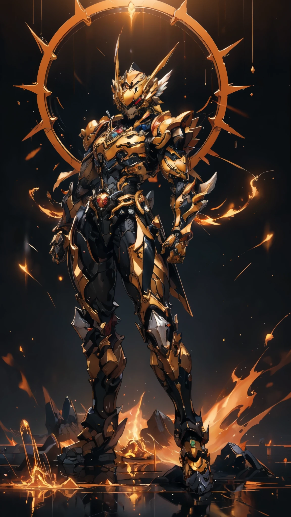 A woman adorned in fantasy-style full-body armor, a crown-concept fully enclosed helmet that unveils only her eyes, a composite layered chest plate, fully encompassing shoulder and hand guards, a lightweight waist armor, form-fitting shin guards, the overall design is heavy-duty yet flexible, ((the armor gleams with a golden glow, complemented by red and blue accents)), exhibiting a noble aura, she floats above a fantasy-surreal high-tech city, this character embodies a finely crafted fantasy-surreal style armored hero in anime style, exquisite and mature manga art style, (Queen bee mixed with Spider concept Armor, plasma, blood), ((Element, energy, elegant, goddess, femminine:1.5)), metallic, high definition, best quality, highres, ultra-detailed, ultra-fine painting, extremely delicate, professional, anatomically correct, symmetrical face, extremely detailed eyes and face, high quality eyes, creativity, RAW photo, UHD, 32k, Natural light, cinematic lighting, masterpiece-anatomy-perfect, masterpiece:1.5