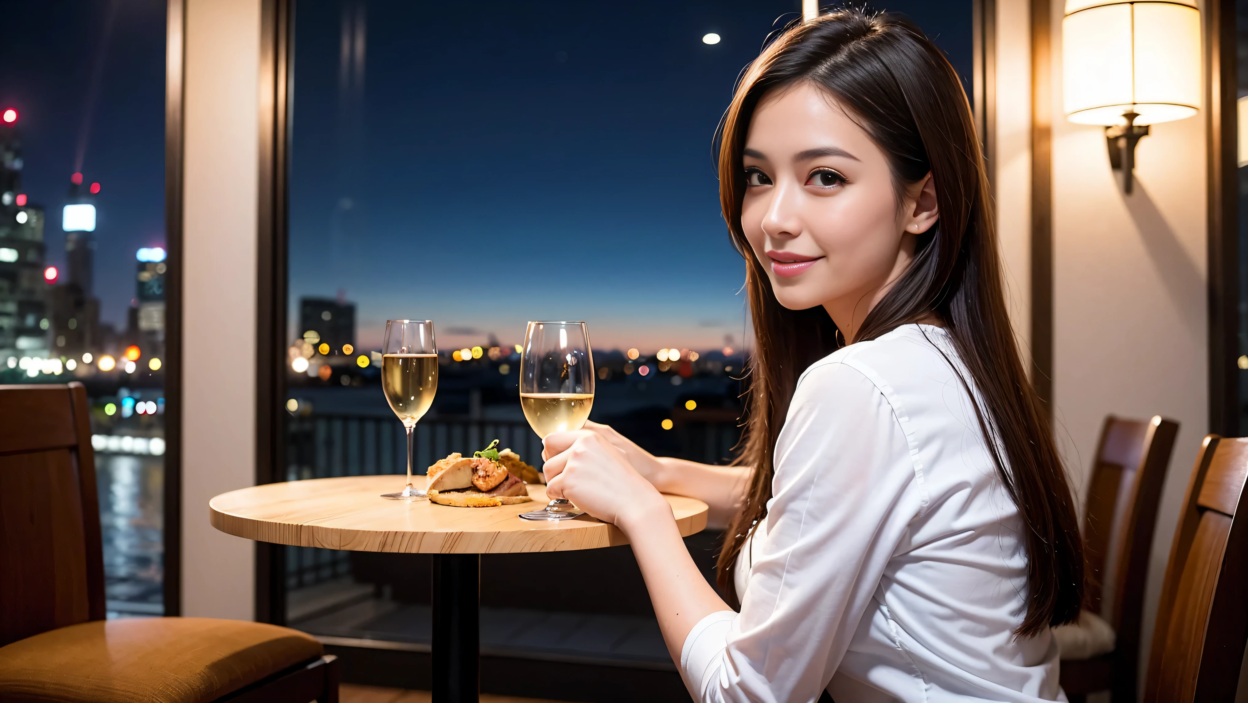 (including 64k, nffsw, highest quality, table top: 1.2), (realistic, photorealistic: 1.37), long sleeve shirt、winter fashion、Columbia、Brazilian、Japanese、Dutch、German、Portuguese、Belgian、Italian、French,Champagne、sparkling wine、 (slimフェイス), (slimボティ), (brown hair), (shortcut), neat beauty、cheeks turn a little red, (35 years old), 38 years old, alone, 窓の外には美しく緻密なnight景が広がります., restaurant, wine glassが座っている, nightに, in a prominent place (from the Upper body) nova frog style, actress, model, Upper body, White wine, slim, wine glass, Super Clean night View, wine glass Put in the Middle, Happy smile, (smile: 1.15), beautiful and detailed eyes, Upper body, bust japan up, night, short, short, actress, model, Upper body, White wine, slim, wine glass, Super Clean night View, wine glass Put in the Middle, Happy smile,