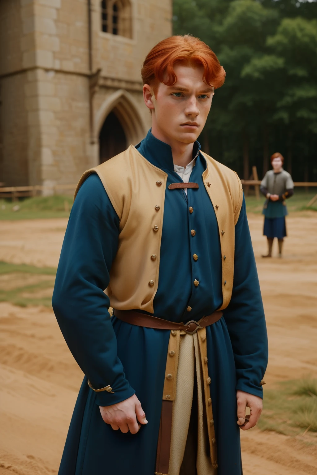 England, 1327. A young ((((22-year-old)) Merthin Fitzgerald)), handsome, athletic, looking to the construction site, ((frustration and worry expression)). ((((clothings from the 1300s)))), ((redhead hairstyle of the 1300s))