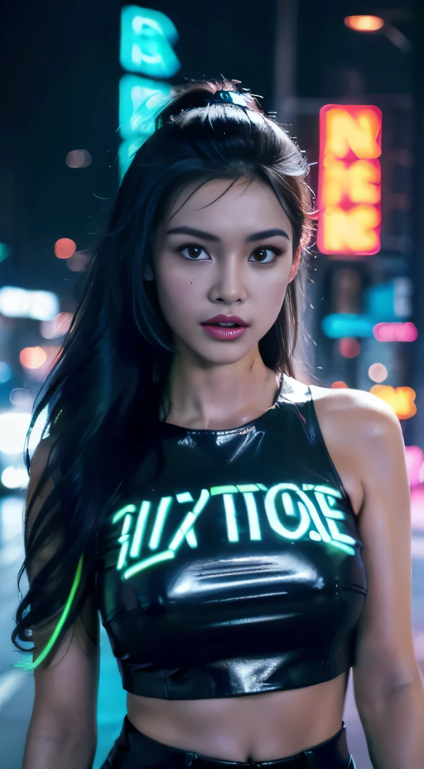 (Fashion portrait in color photograph, woman, neon lights)
(realistic, photorealistic: 1.5)
1 woman, fashion model
(vibrant neon lights: 1.7)
cityscape background
striking pose
high definition
detailed skin texture
radiant makeup
sexy outfit
confident expression
(bright neon reflections: 1.3)
(high contrast illumination: 1.5)
cinematic atmosphere
(outdoor night shoot: 0.9)
futuristic style
unique fashion sense
epic composition
(flashing neon signs: 1.2)