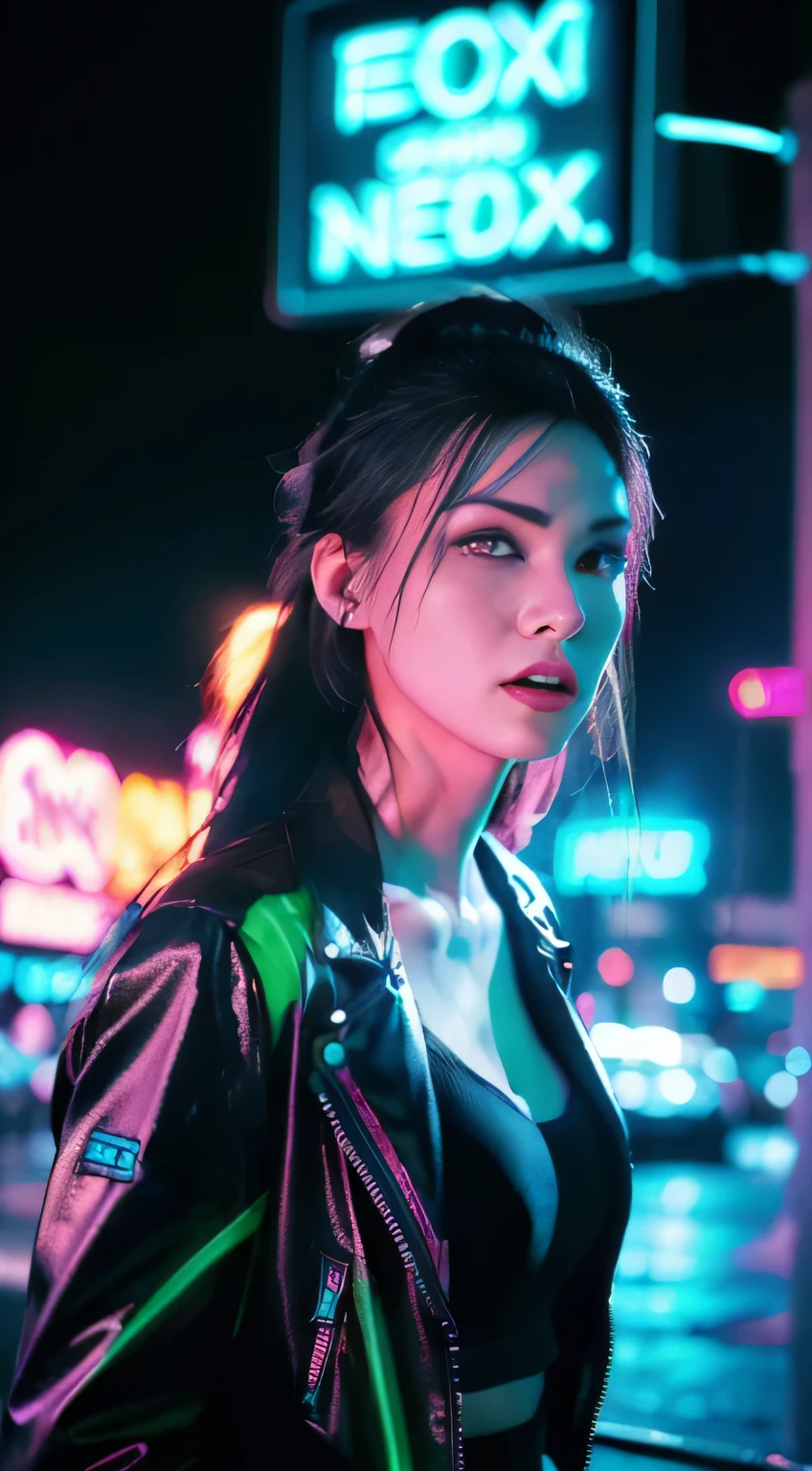 (Fashion portrait in color photograph, woman, neon lights)
(realistic, photorealistic: 1.5)
1 woman, fashion model
(vibrant neon lights: 1.7)
cityscape background
striking pose
high definition
detailed skin texture
radiant makeup
sexy outfit
confident expression
(bright neon reflections: 1.3)
(high contrast illumination: 1.5)
cinematic atmosphere
(outdoor night shoot: 0.9)
futuristic style
unique fashion sense
epic composition
(flashing neon signs: 1.2)