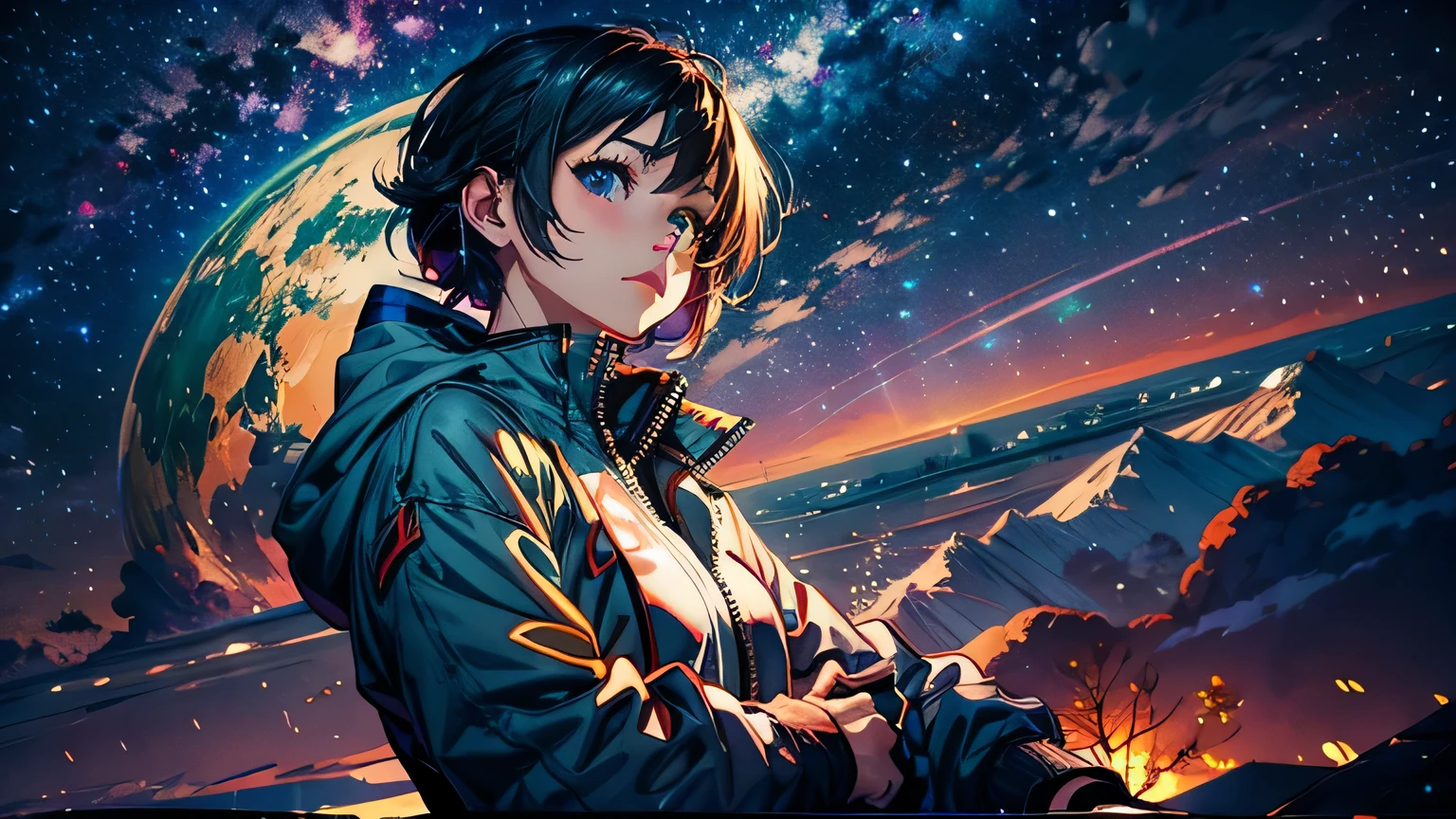 anime wallpapers of a girl (woman, heterochromia eyes，dark blue hair ,  Perfect female figure) looking at a view of the sky and stars, cosmic skies. by makoto shinkai, anime art wallpaper 4 k, anime art wallpaper 4k, anime art wallpaper 8 k, anime sky, amazing wallpaper, anime wallpaper 4 k, anime wallpaper 4k, 4k anime wallpaper, makoto shinkai cyril rolando, anime background art