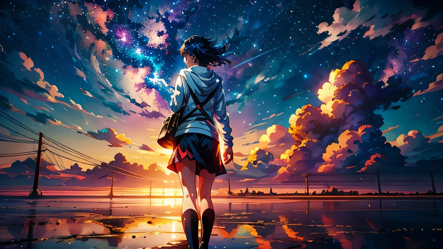 anime wallpapers of a girl (woman, heterochromia eyes,dark blue hair , Perfect female figure) looking at a view of the sky and stars, cosmic skies. by makoto shinkai, anime art wallpaper 4 k, anime art wallpaper 4k, anime art wallpaper 8 k, anime sky, amazing wallpaper, anime wallpaper 4 k, anime wallpaper 4k, 4k anime wallpaper, makoto shinkai cyril rolando, anime background art