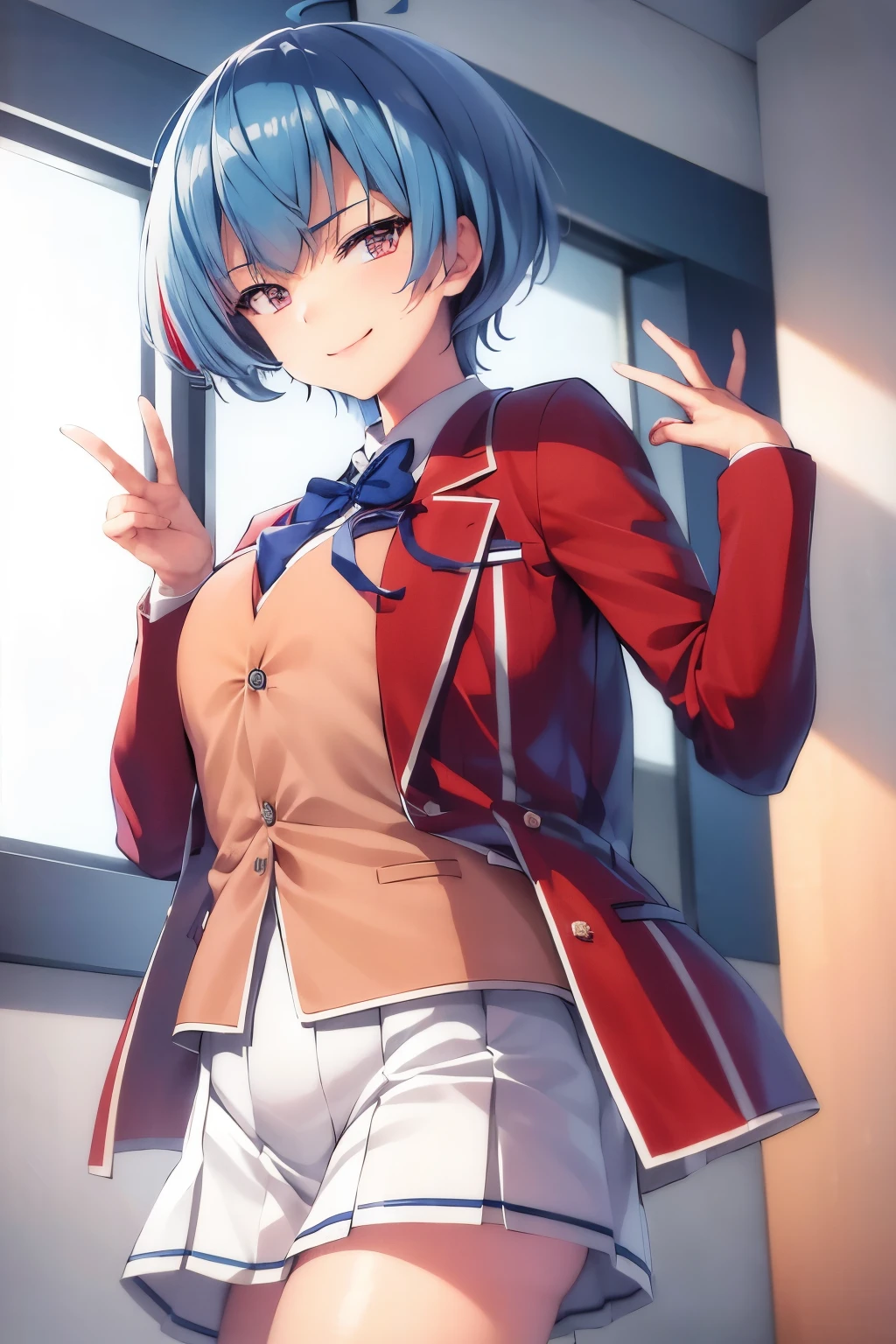 masterpiece, best quality, highres, 1girl ibuki mio short hair blue hair, white skirt red jacket open jacket smile, standing, indoors, from behind