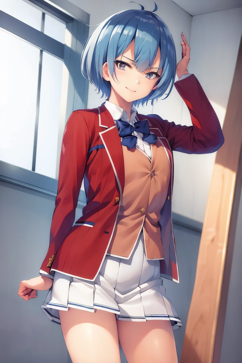 masterpiece, best quality, highres, 1girl ibuki mio short hair blue hair, white skirt red jacket open jacket smile, standing, indoors, from behind