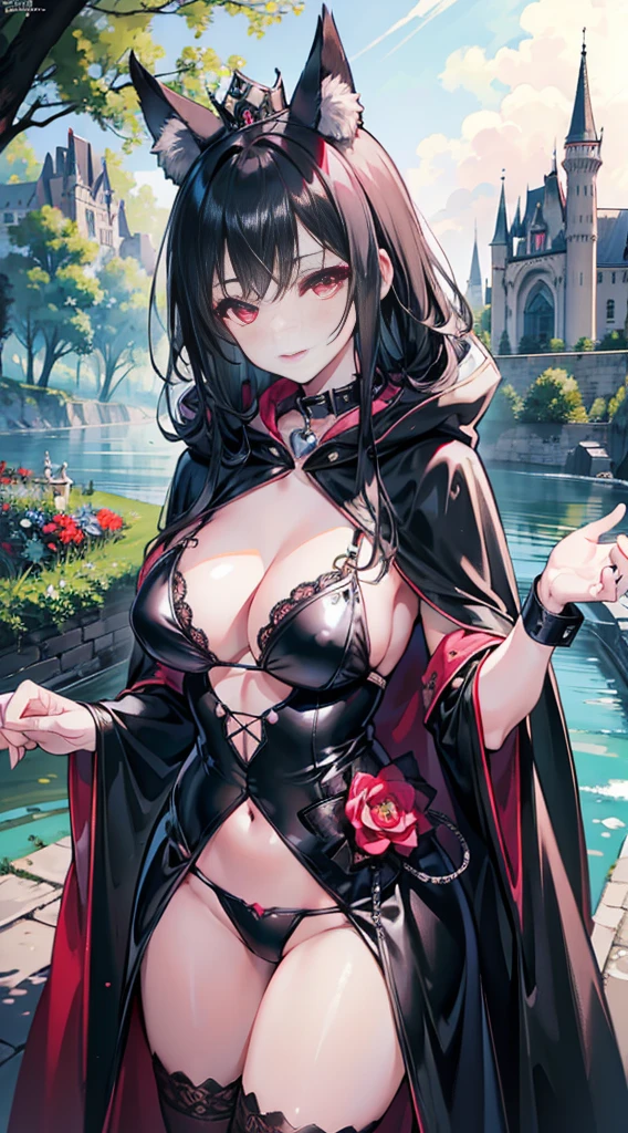 high quality, masterpiece, super detailed, 1 girl, Extremely detailed faces,Black latex lace bikini,black cloak,princess crown,Calm expression,bright red lips,Smile,handcuffs,collar,long black hair, Charming pink eyes, fox ears, castle,garden,waterside,