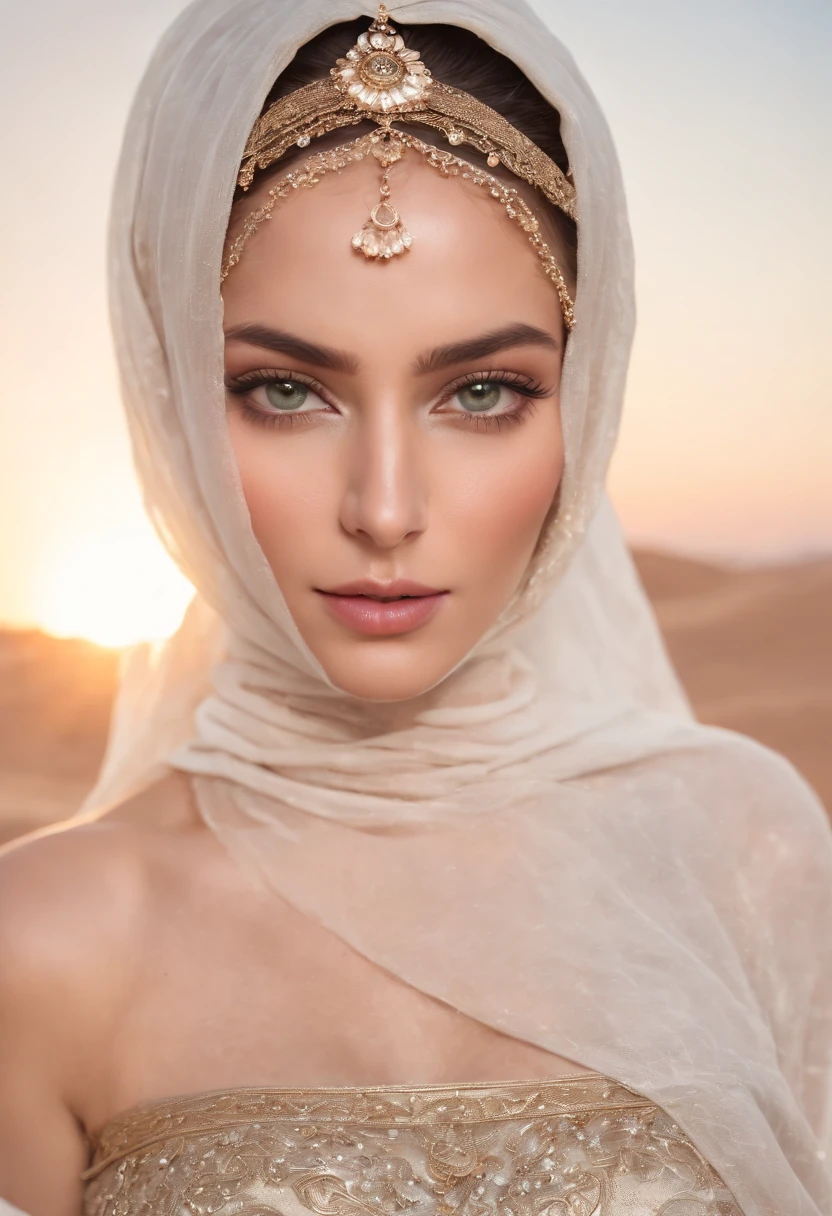 glowing white skin, beautiful face, veiled, Moroccan tribal theme, silver jewelry, ((crystal clear bright hazel eyes:1.2)), detailed eyes, beautiful masterpiece, UHD, 8K)), Depth of field, sand dunes, cleavage, large breasts, focus on eyes, breasts popping out, detailed skin, texture skin, sexy, golden hour, highly detailed skin, long eyelashes, black mascara, shiny lips, perfect face, sheer djellaba, long abaya, flowing, blowing, shimmering, bbw, curvy, iridescent purple, fat