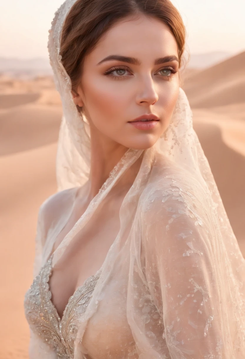 glowing white skin, beautiful face, veiled, Moroccan tribal theme, silver jewelry, ((crystal clear bright hazel eyes:1.2)), detailed eyes, beautiful masterpiece, UHD, 8K)), Depth of field, sand dunes, cleavage, large breasts, focus on eyes, breasts popping out, detailed skin, texture skin, sexy, golden hour, highly detailed skin, long eyelashes, black mascara, shiny lips, perfect face, sheer djellaba, long abaya, flowing, blowing, shimmering, bbw, curvy, iridescent purple, fat