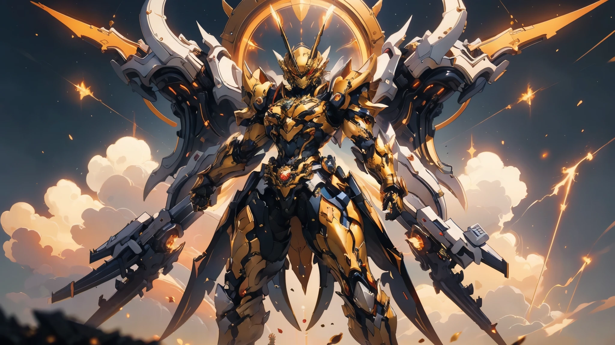 A woman adorned in fantasy-style full-body armor, a crown-concept fully enclosed helmet that unveils only her eyes, a composite layered chest plate, fully encompassing shoulder and hand guards, a lightweight waist armor, form-fitting shin guards, the overall design is heavy-duty yet flexible, ((the armor gleams with a golden glow, complemented by red and blue accents)), exhibiting a noble aura, she floats above a fantasy-surreal high-tech city, this character embodies a finely crafted fantasy-surreal style armored hero in anime style, exquisite and mature manga art style, (Queen bee mixed with Spider concept Armor, plasma, blood), ((Element, energy, elegant, goddess, femminine:1.5)), metallic, high definition, best quality, highres, ultra-detailed, ultra-fine painting, extremely delicate, professional, anatomically correct, symmetrical face, extremely detailed eyes and face, high quality eyes, creativity, RAW photo, UHD, 32k, Natural light, cinematic lighting, masterpiece-anatomy-perfect, masterpiece:1.5