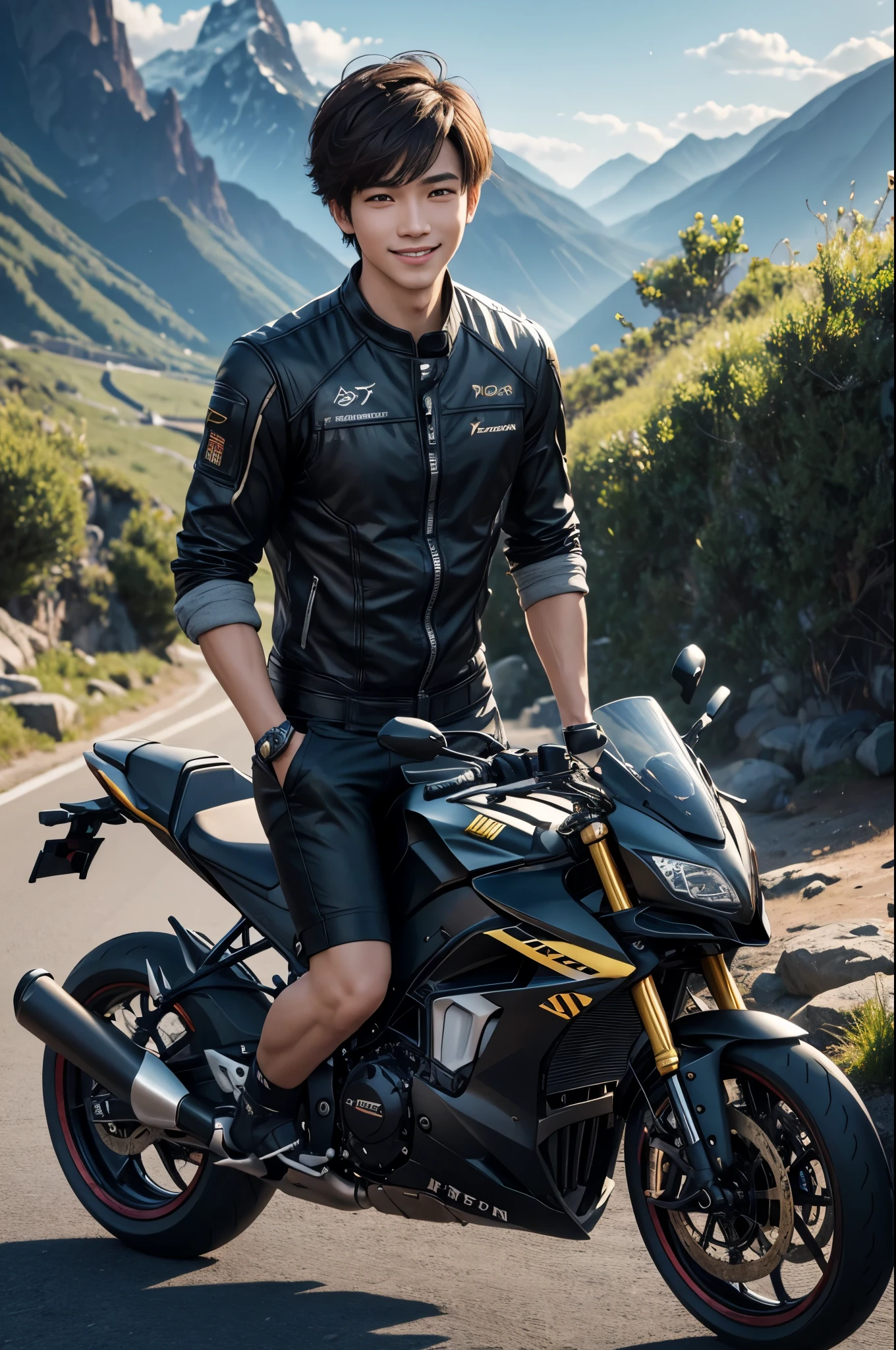 8K,A man in a leather jacket sits on a motorcycle, by ヤン・J, Yanjun Cento, Wojtek Füss, sitting on a cyberpunk bike, Inspired by Yanjun Chen, wlop and ross tran, Makoto Shinkai ( apex legend ), Chengwei Pan at Art Station, cyberpunk hero, cgsociety と fenghua zhong, game CG, fan art,masterpiece,Photorealistic RAW photos of the highest quality。bright colors,rich colors, Backlight, cinematic lighting, film grain, to be born, 50mm lens, Nikon D850,realistic skin,detailed character art,ultra high resolution,realistic skin,mountain path,comical pose,Sad prince,cheerful man,smile,