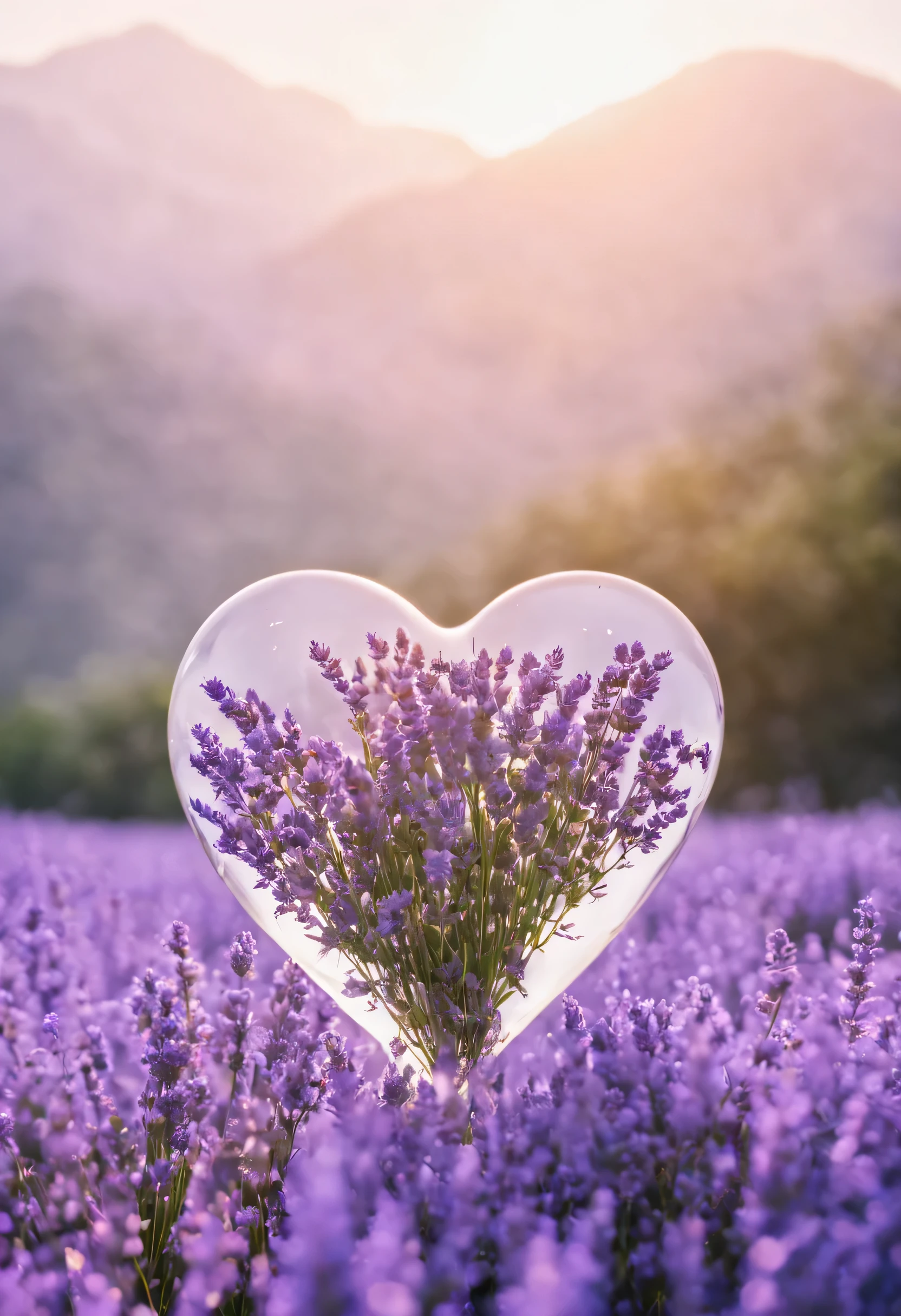 8k, ultra hd、Gentle lavender flowers exist inside the crystal.、The shape is heart-shaped、floating、surreal、Impressive in full color、Nikon D850, film stock photography ,4 Kodak Portra 400 ,rich colors ,surreal ,realistic texture, dramatic lighting , Cinestill 800,