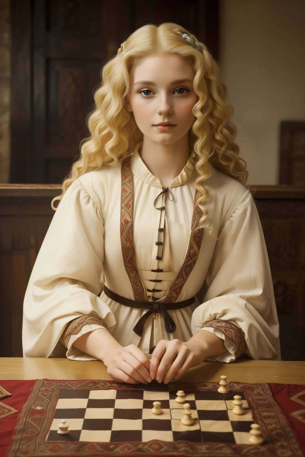 England, 1339. A young ((((27-year-old)) Elizabeth Clerk)), thin, pale, beautiful, playing checkers, ((intelligent expression)). ((((clothings from the 1300s)))), ((blond curly hairstyle of the 1300s))