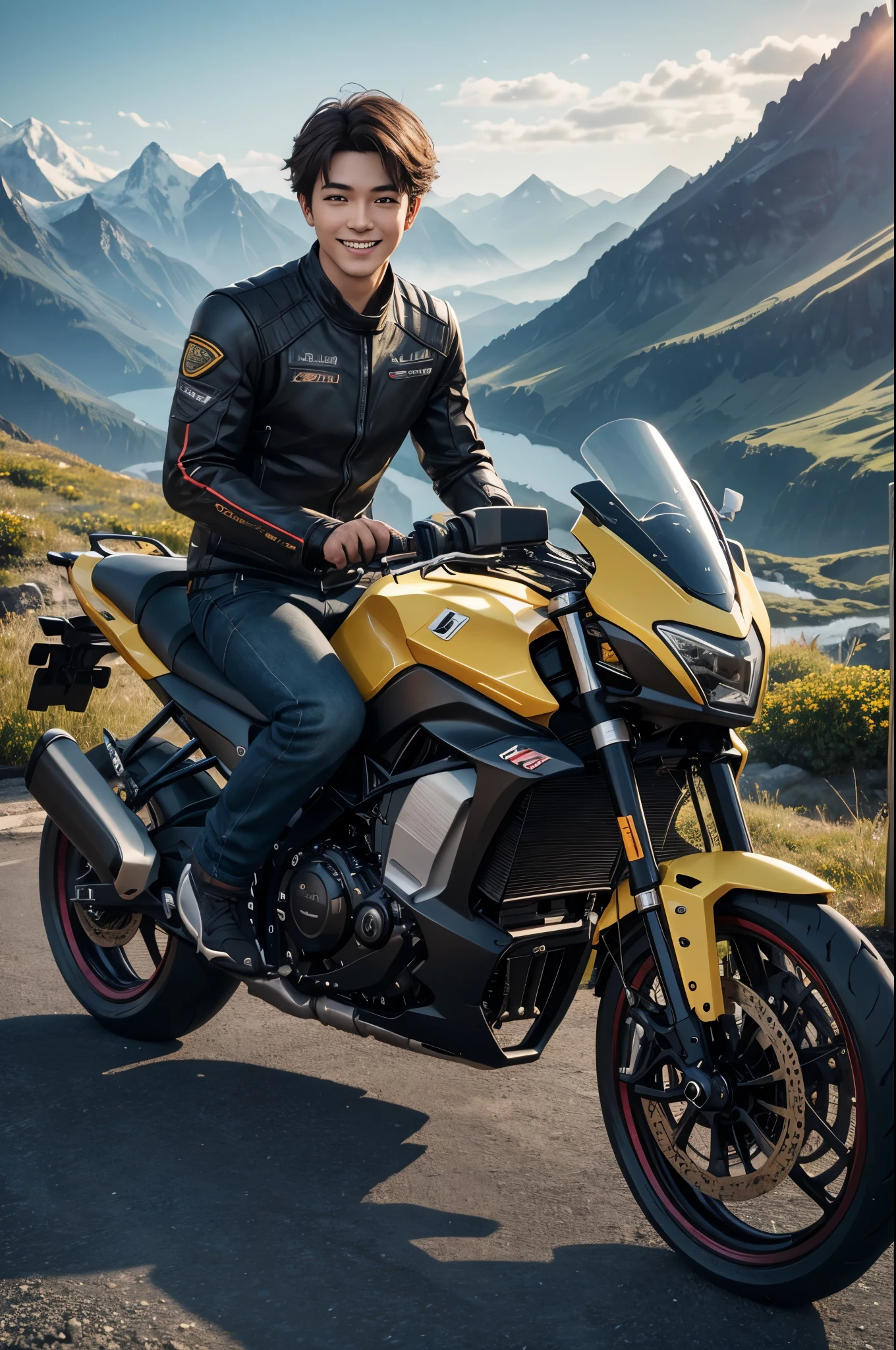 8K,黒い革のジャケットを着たsmileの若い青年が大きなバイクに跨る, sitting on a big racing bike(Precise bike details), game CG, fan art,masterpiece,Photorealistic RAW photos of the highest quality。bright colors,rich colors, Backlight, cinematic lighting, film grain, to be born, 50mm lens, Nikon D850,realistic skin,detailed character art,fantasy art,ultra high resolution,realistic skin,mountain path,comical pose,Sad prince,cheerful young man,smile,brown medium cut hair,