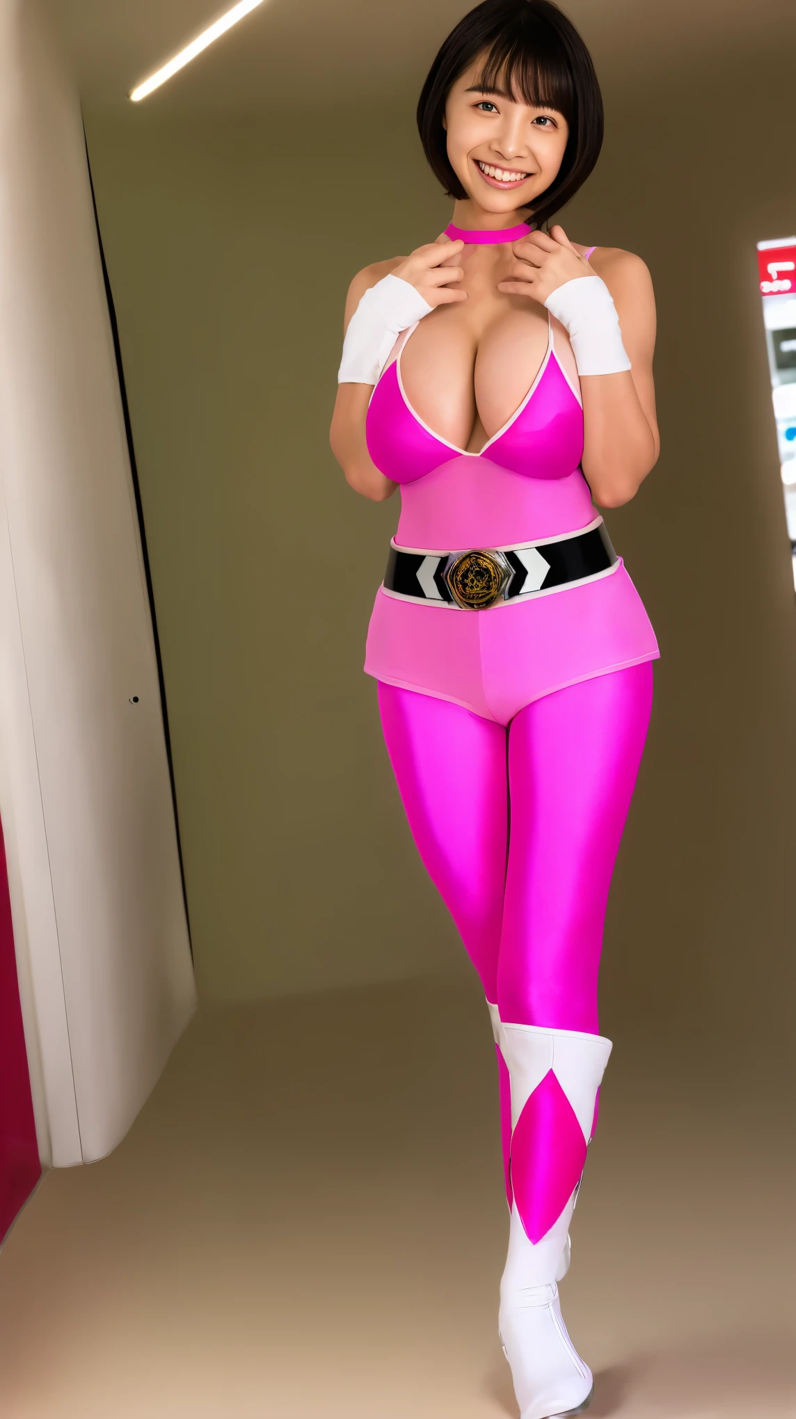 (8K、ultra high resolution、highest quality、masterpiece、realistic、ultra high resolution)、((((、Always shiny neon pink full body power ranger、Must have big breasts、Always hide all breasts))、Definitely a shiny neon pink patent leather full body suit、(big emblem on the chest、Always wear a belt with a big buckle)、Full Body Model Pose at the shopping mall:1.4))(Very shiny full body tight suit、Must have short black hair cut、Definitely Sentai Hero、cute smile:1.1)