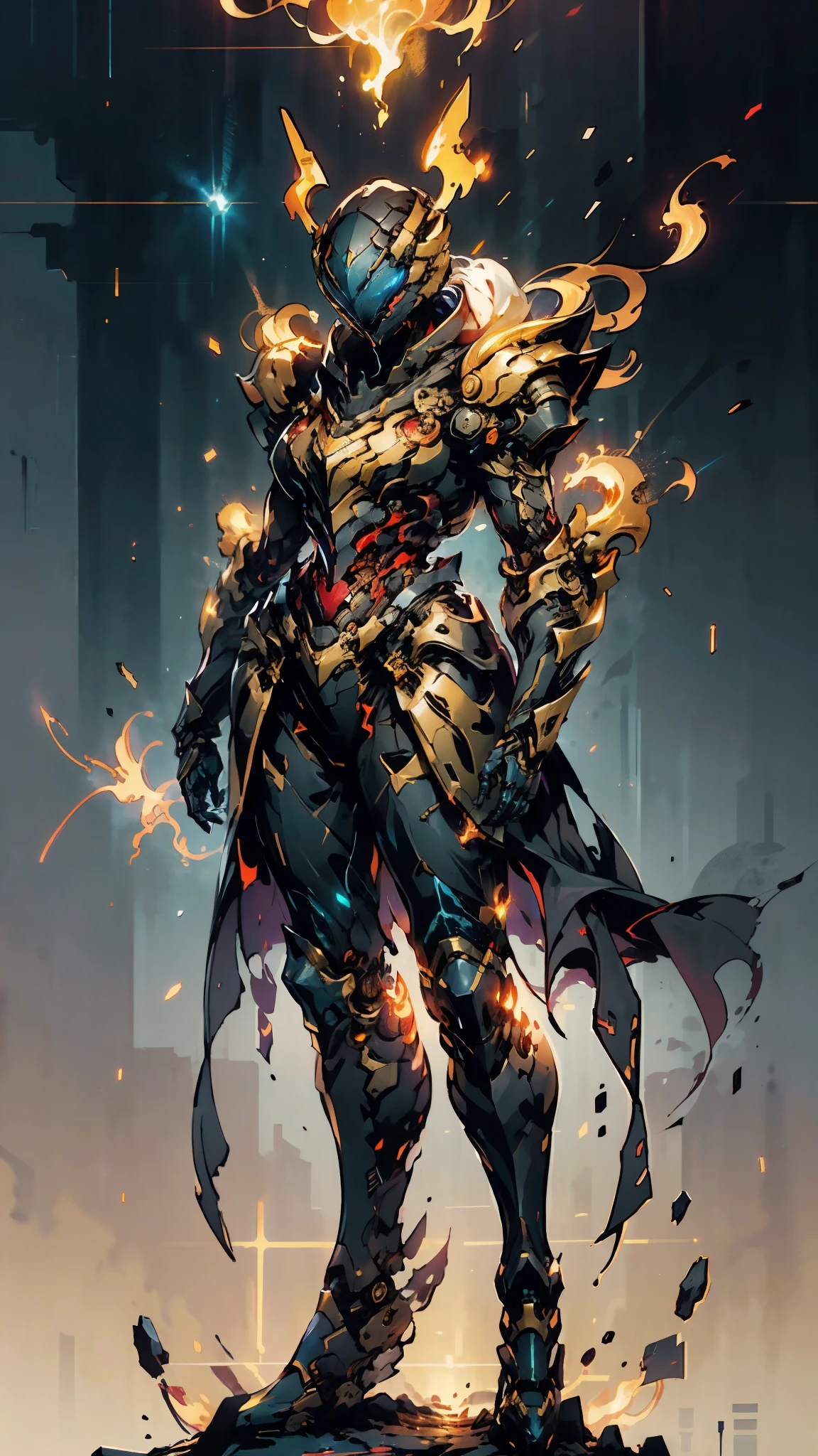 A woman adorned in fantasy-style full-body armor, a crown-concept fully enclosed helmet that unveils only her eyes, a composite layered chest plate, fully encompassing shoulder and hand guards, a lightweight waist armor, form-fitting shin guards, the overall design is heavy-duty yet flexible, ((the armor gleams with a golden glow, complemented by red and blue accents)), exhibiting a noble aura, she floats above a fantasy-surreal high-tech city, this character embodies a finely crafted fantasy-surreal style armored hero in anime style, exquisite and mature manga art style, (Queen bee mixed with Spider concept Armor, plasma, blood), ((Element, energy, elegant, goddess, femminine:1.5)), metallic, high definition, best quality, highres, ultra-detailed, ultra-fine painting, extremely delicate, professional, anatomically correct, symmetrical face, extremely detailed eyes and face, high quality eyes, creativity, RAW photo, UHD, 32k, Natural light, cinematic lighting, masterpiece-anatomy-perfect, masterpiece:1.5